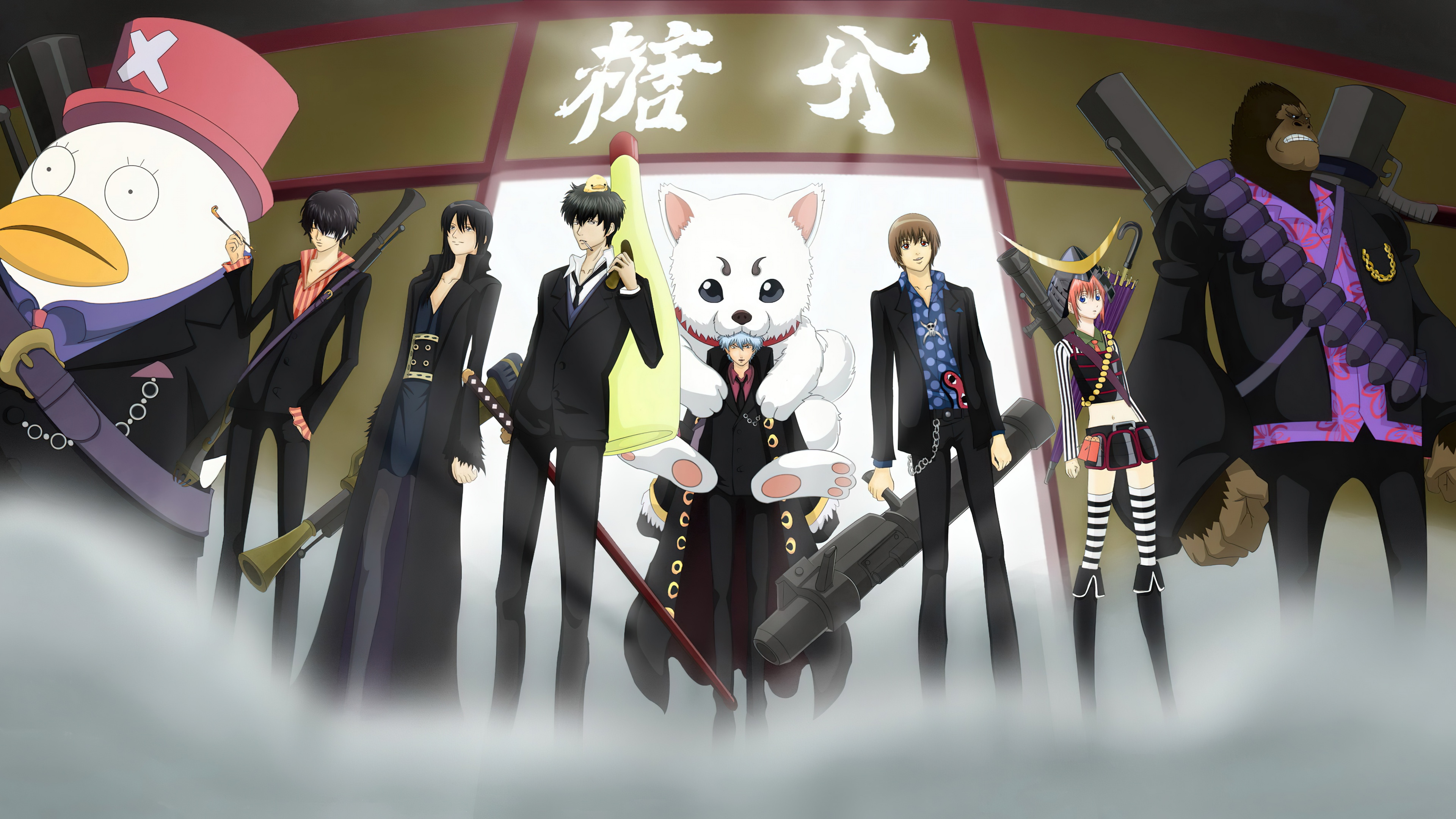 An expansive ultrawide landscape featuring characters from the Gintama anime series.