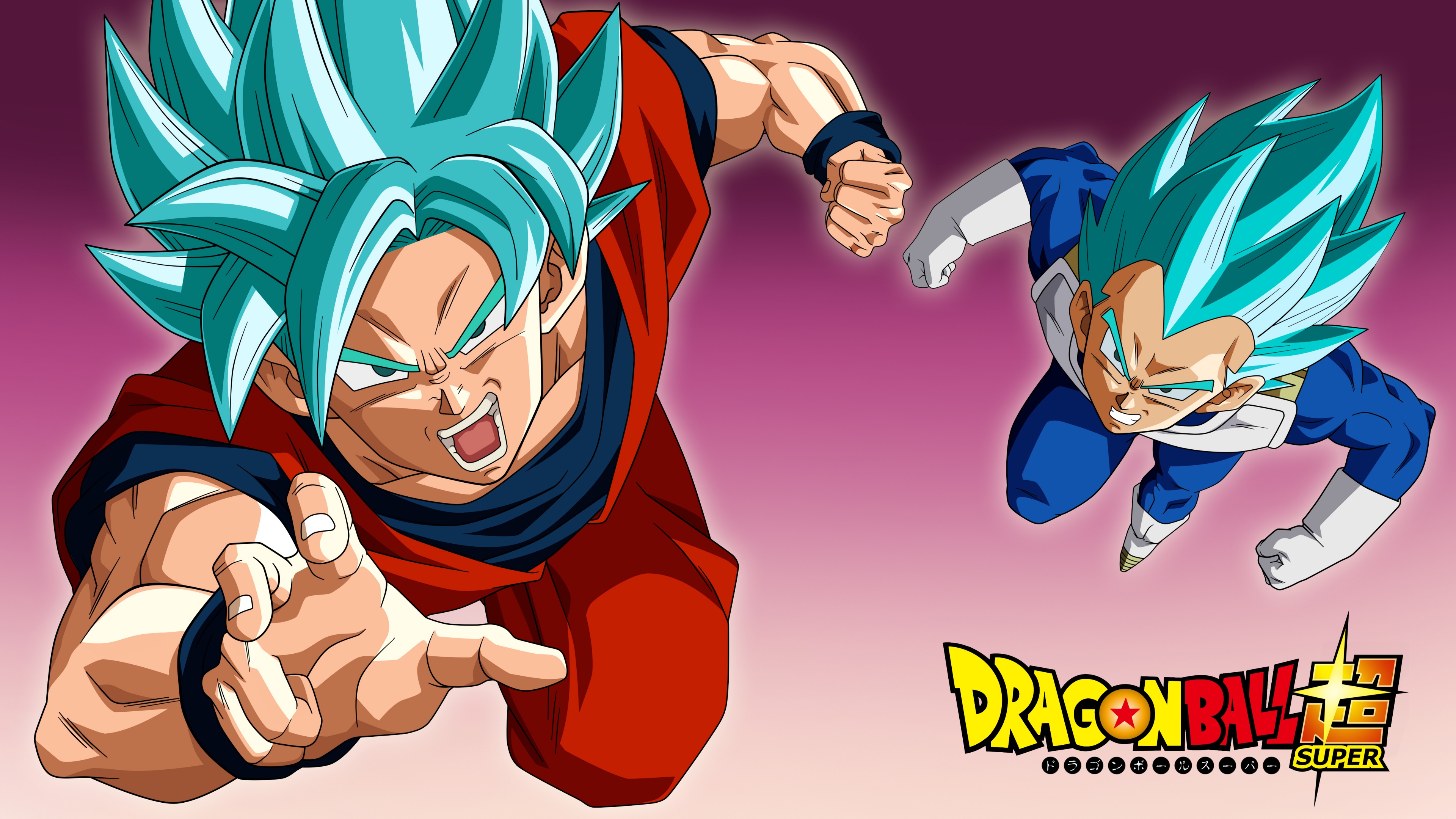 Goku and Vegeta displaying Super Saiyan Blue transformations from Dragon Ball Super.