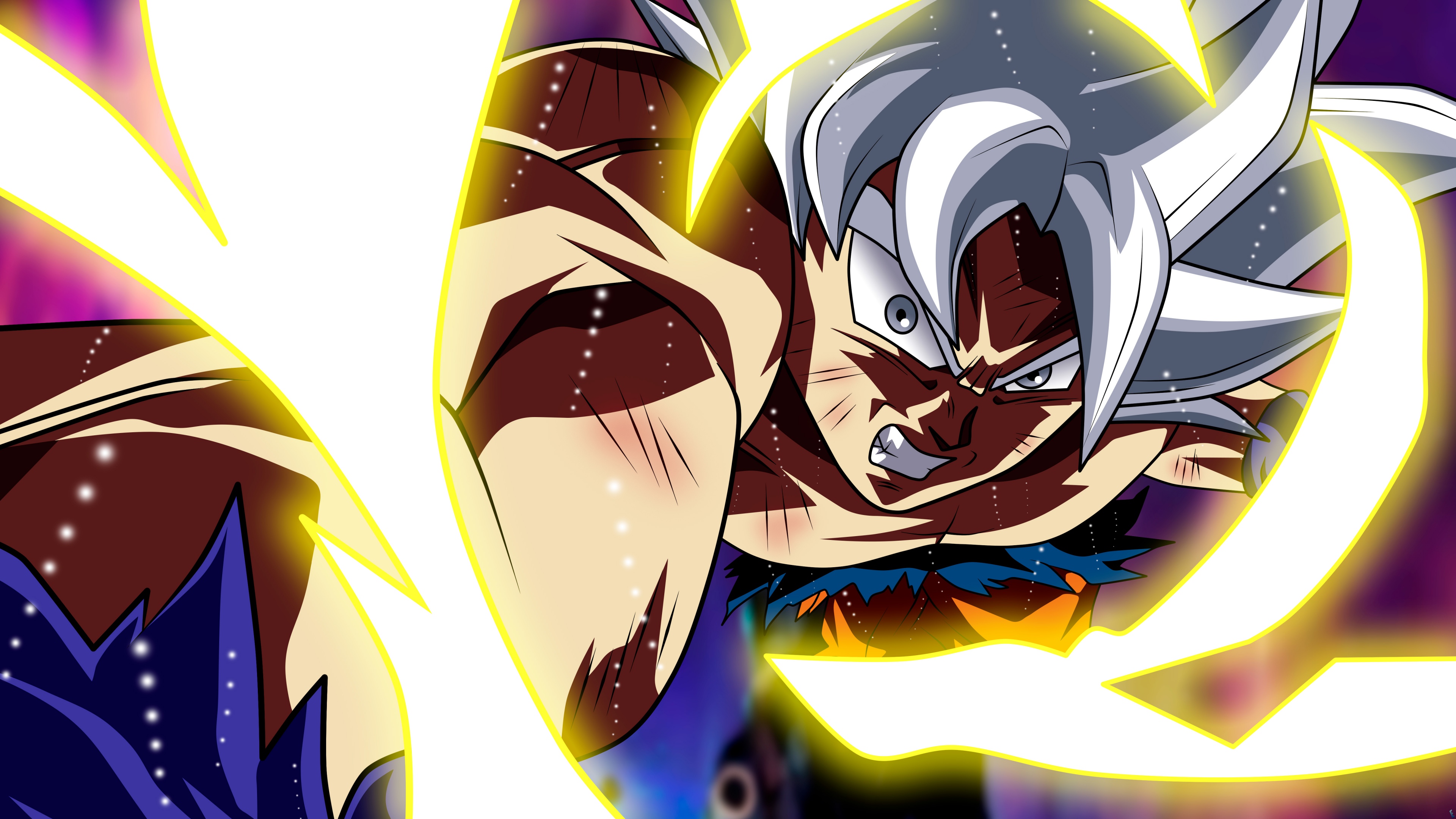 Son Goku in his Perfected Ultra Instinct form from Dragon Ball Super with silver hair and a glowing aura.