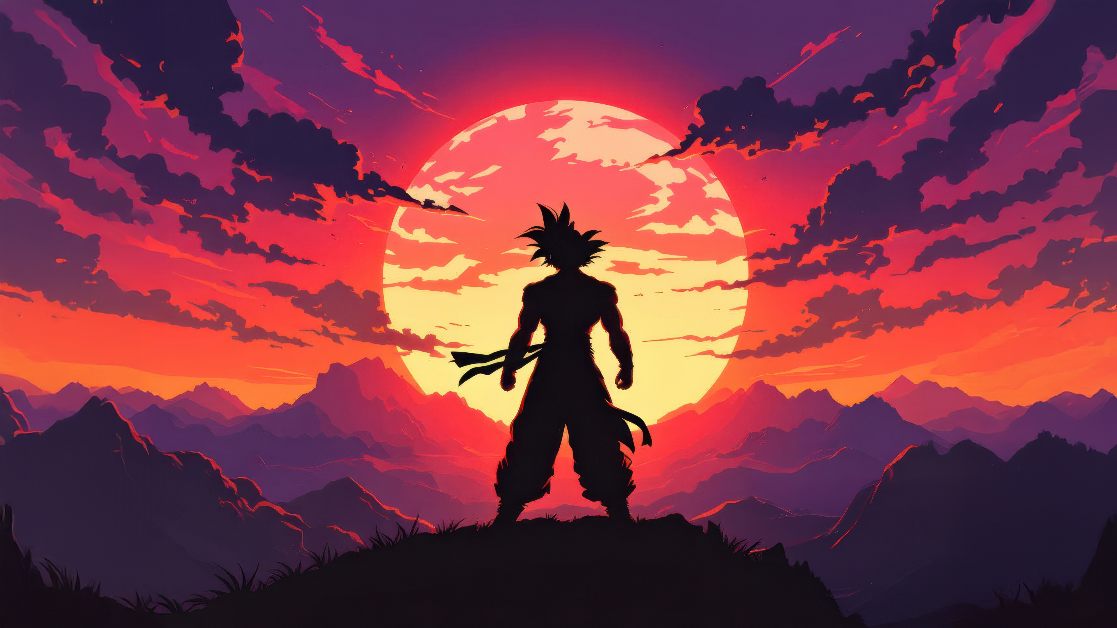 A vibrant silhouette of Goku from Dragon Ball standing against a colorful sunset background.