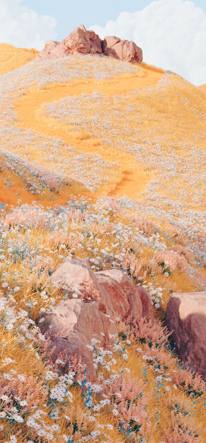 A surreal landscape of rolling golden hills under a dreamy yellow sky.