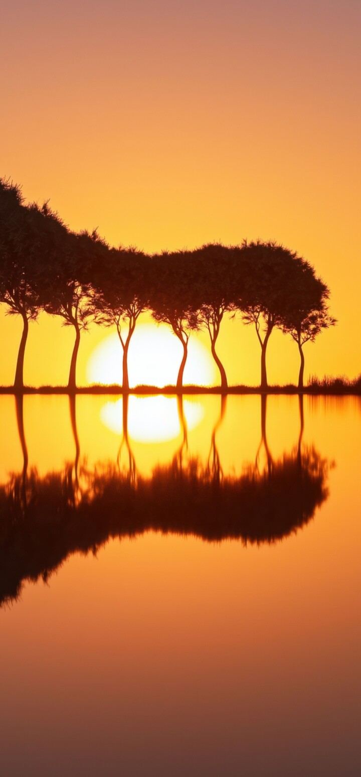 A surreal landscape at sunset with a vivid orange sky and dark silhouetted landforms reflected in a calm lake.