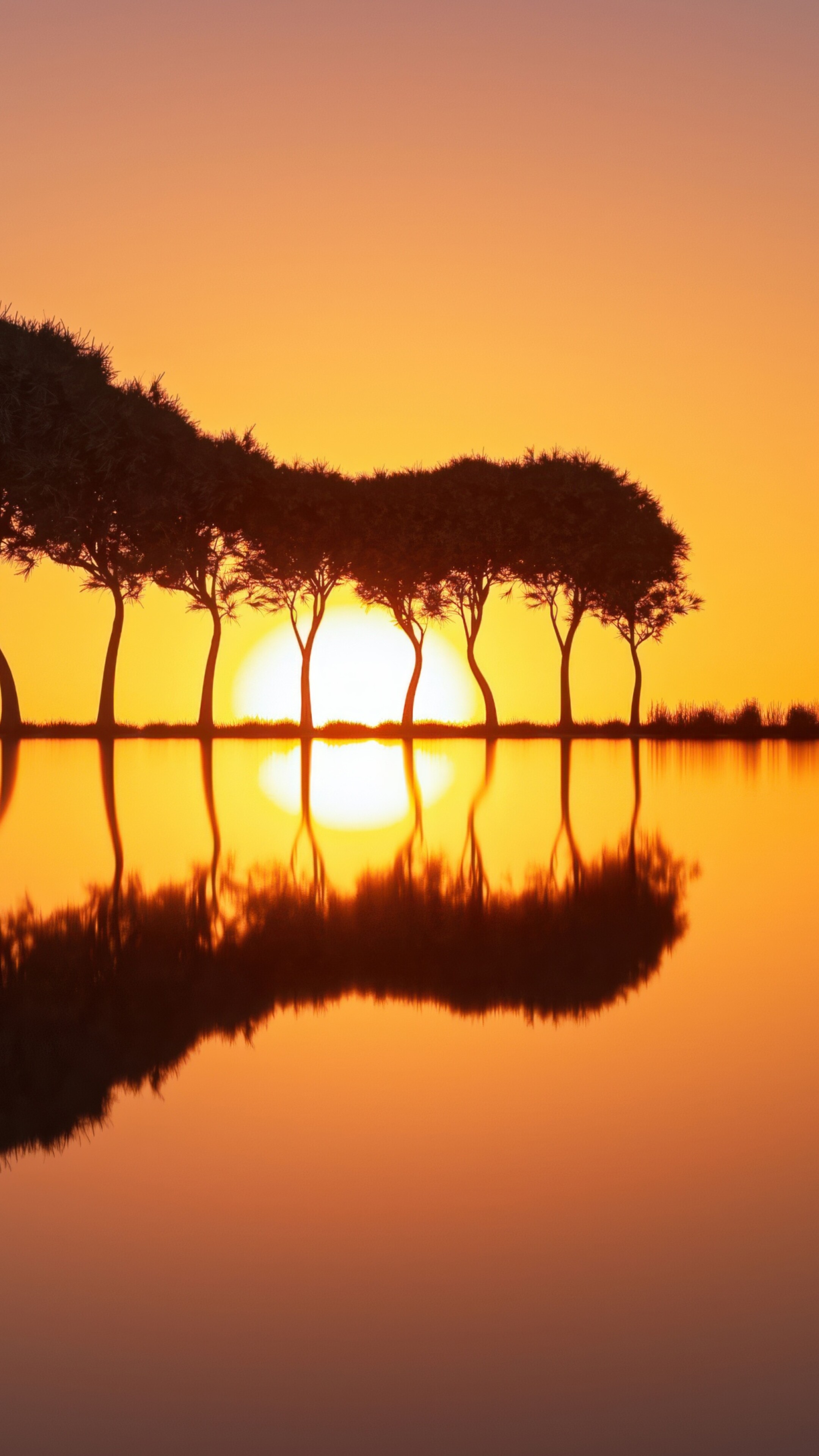 A surreal landscape at sunset with a vivid orange sky and dark silhouetted landforms reflected in a calm lake.