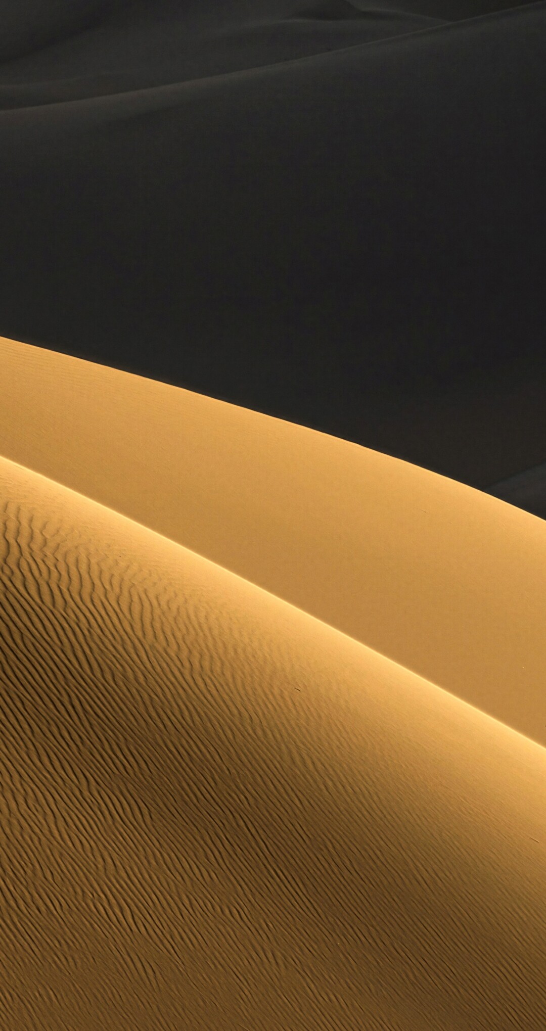 Close-up of textured sand ripples in a desert landscape under the warm, glowing light of the golden hour sun.