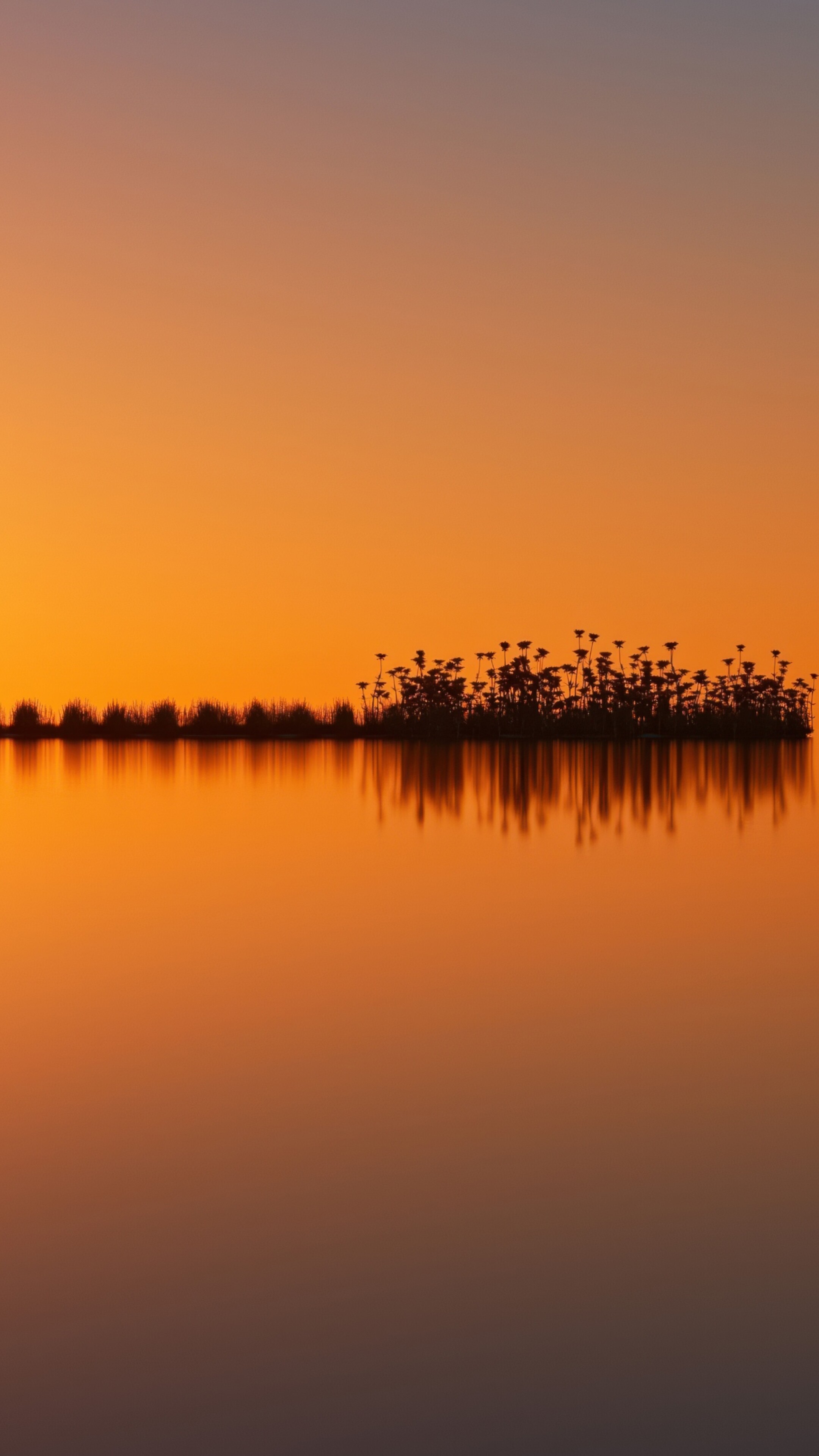 A surreal landscape featuring a vibrant orange sunset sky and silhouetted land reflected in a calm, mirror-like body of water.