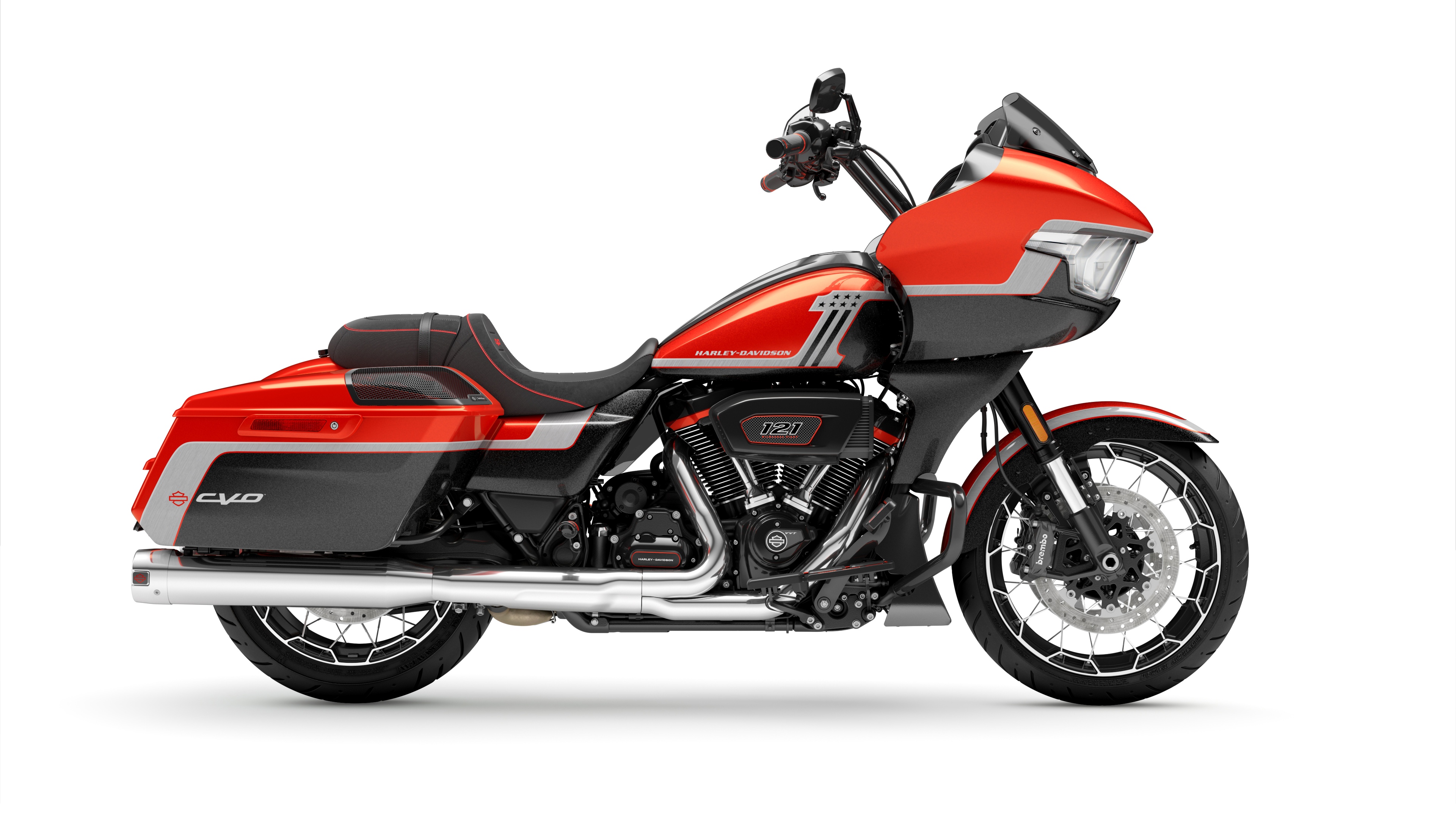 A high-definition studio photograph of a Harley-Davidson CVO Road Glide cruiser motorcycle isolated on a plain white background.