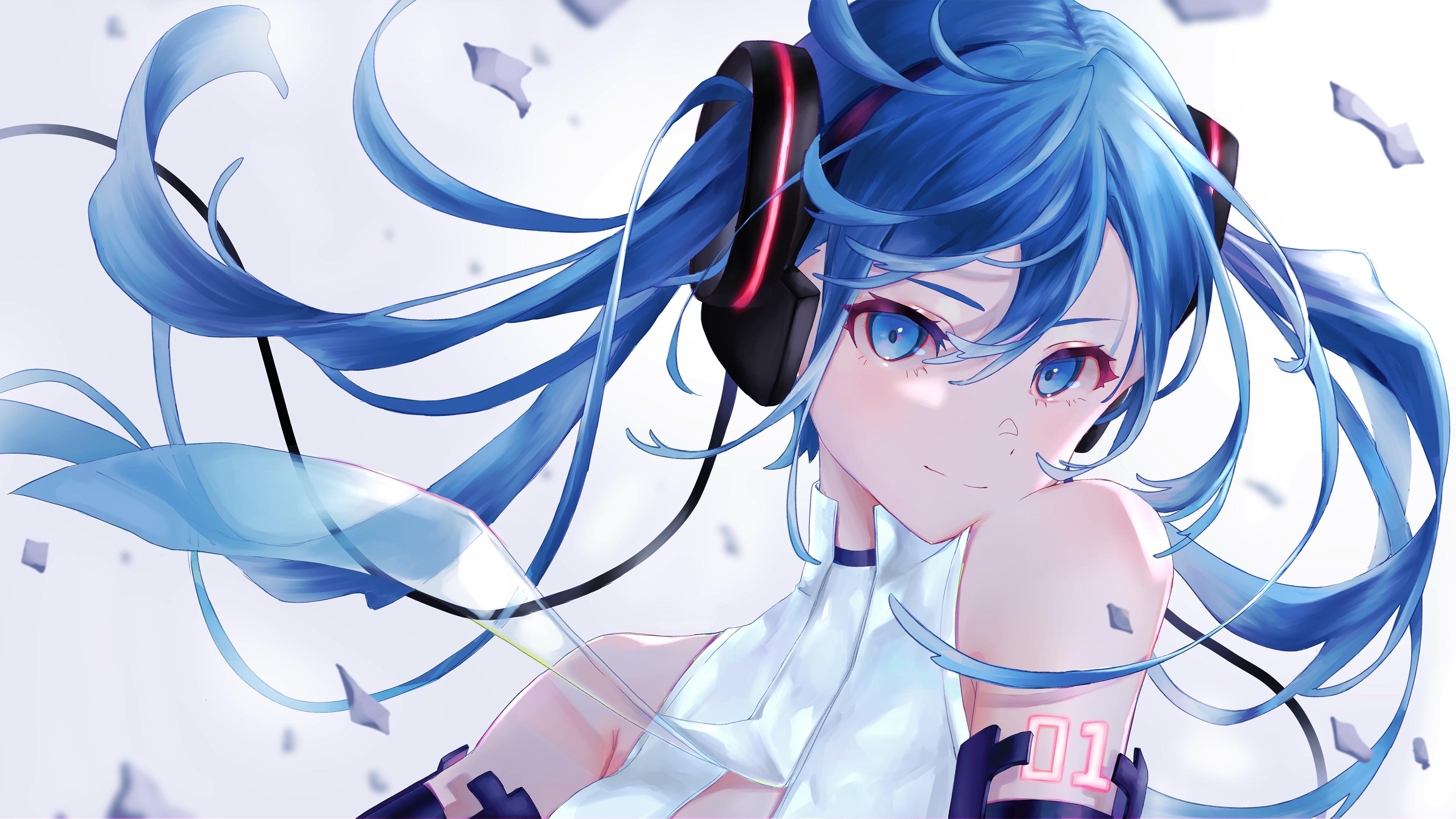 Anime illustration of Hatsune Miku from Vocaloid featuring blue hair on a white background.