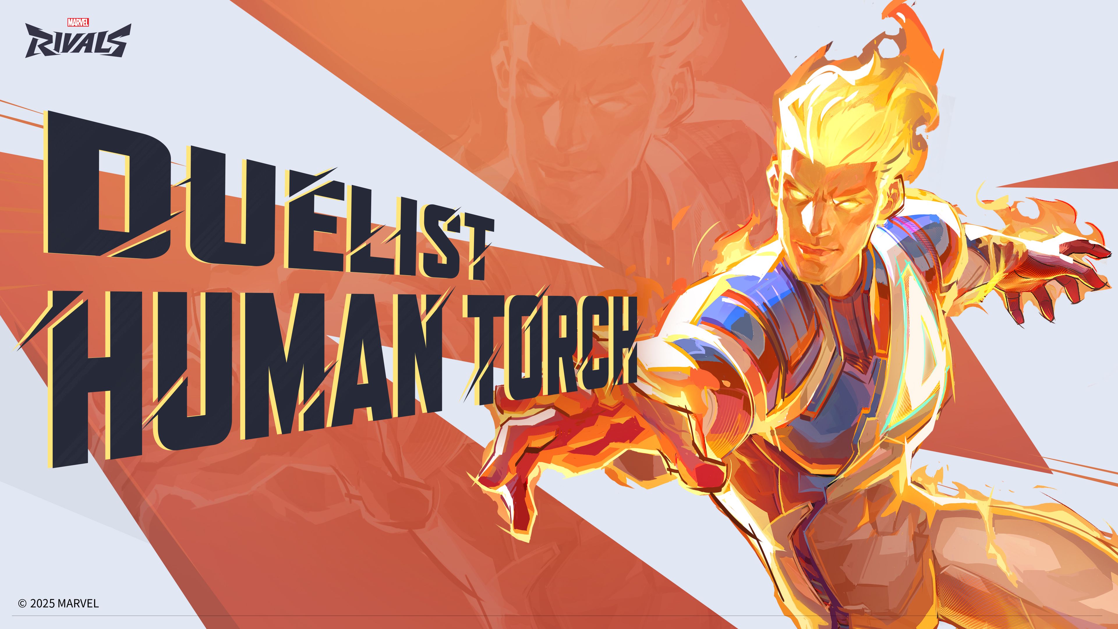 Human Torch engulfed in brilliant flames, representing his character abilities in the video game Marvel Rivals.