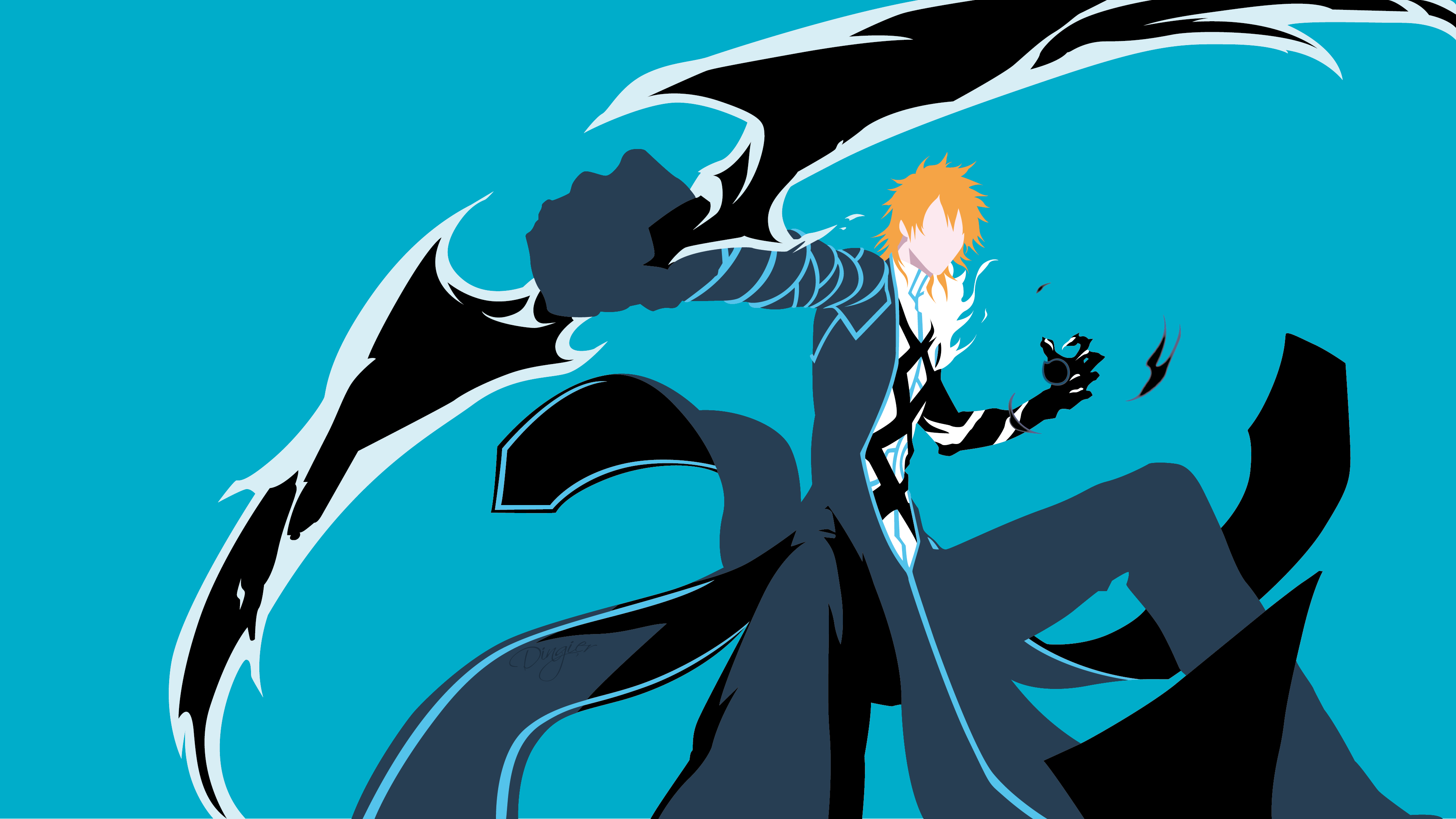 A minimalist, faceless illustration of Ichigo Kurosaki from Bleach in his Soul Reaper uniform.