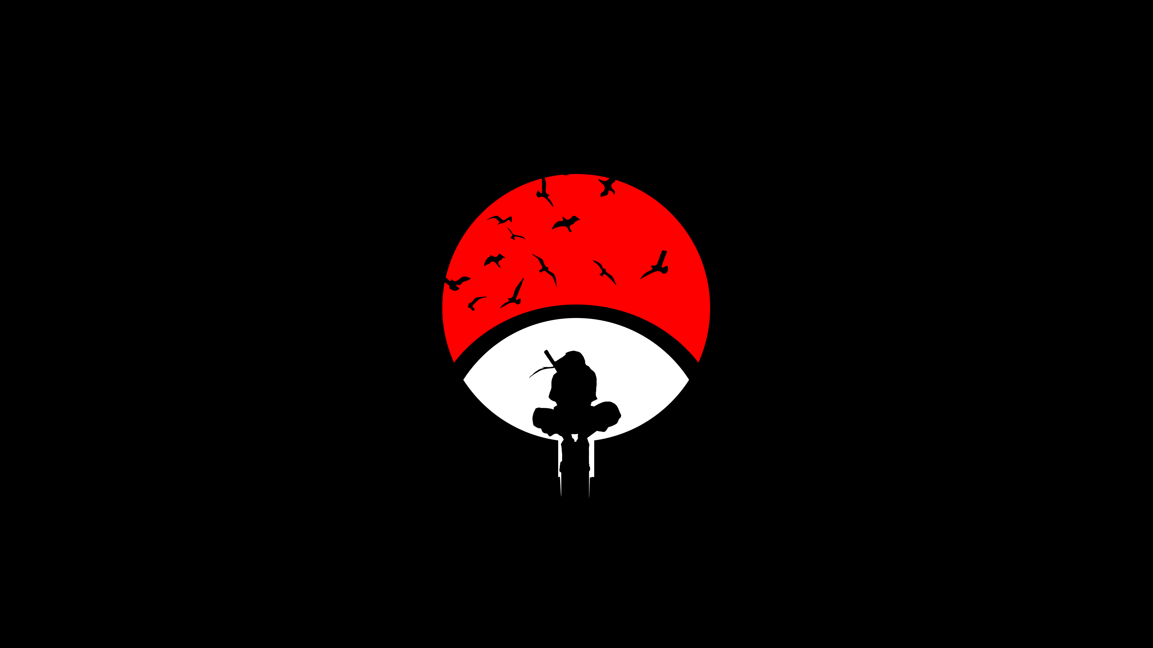 Minimalist portrait of Itachi Uchiha from Naruto on a solid black background.