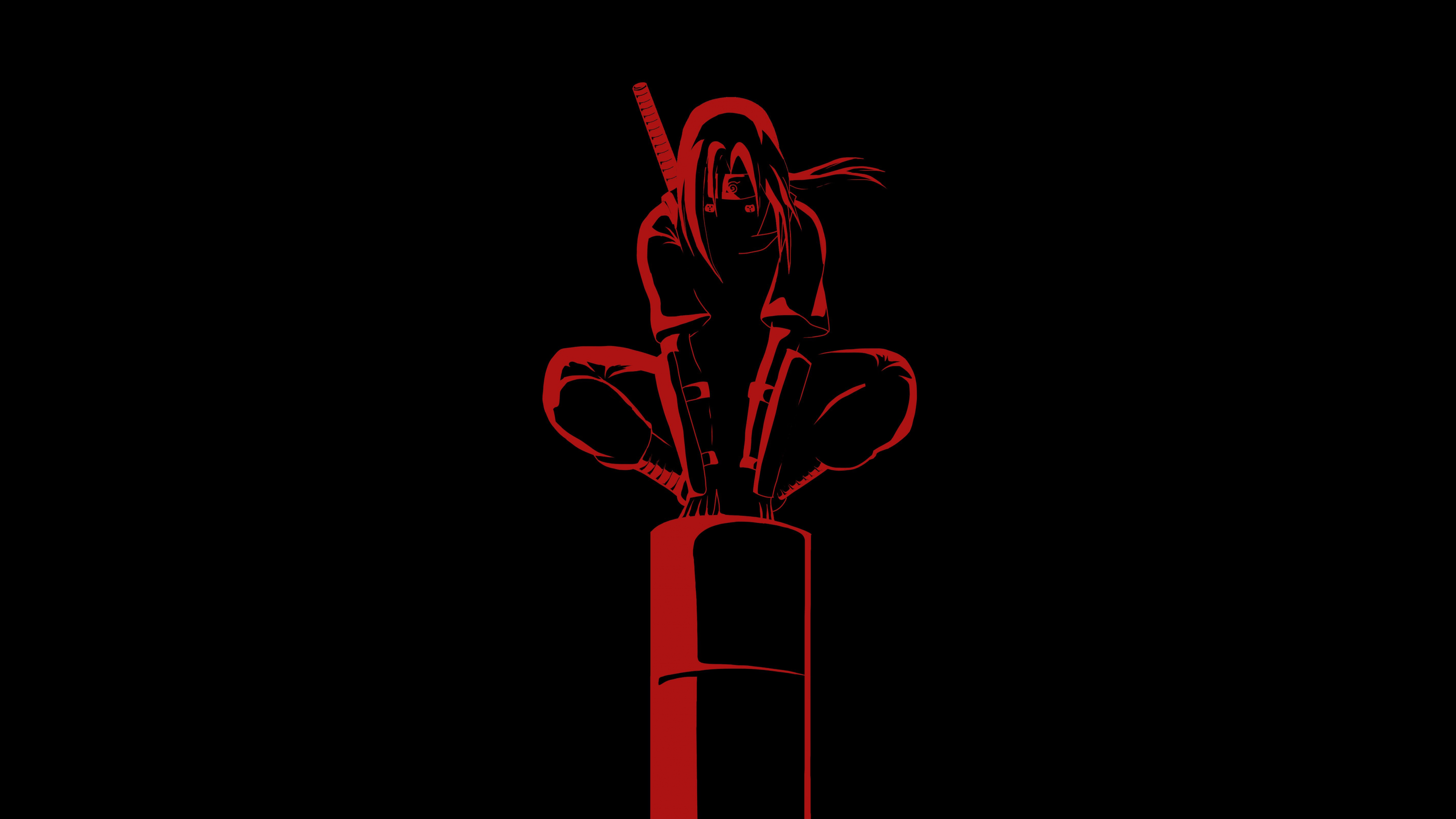 A minimalist, high-contrast portrait of Itachi Uchiha from Naruto against a solid black background.