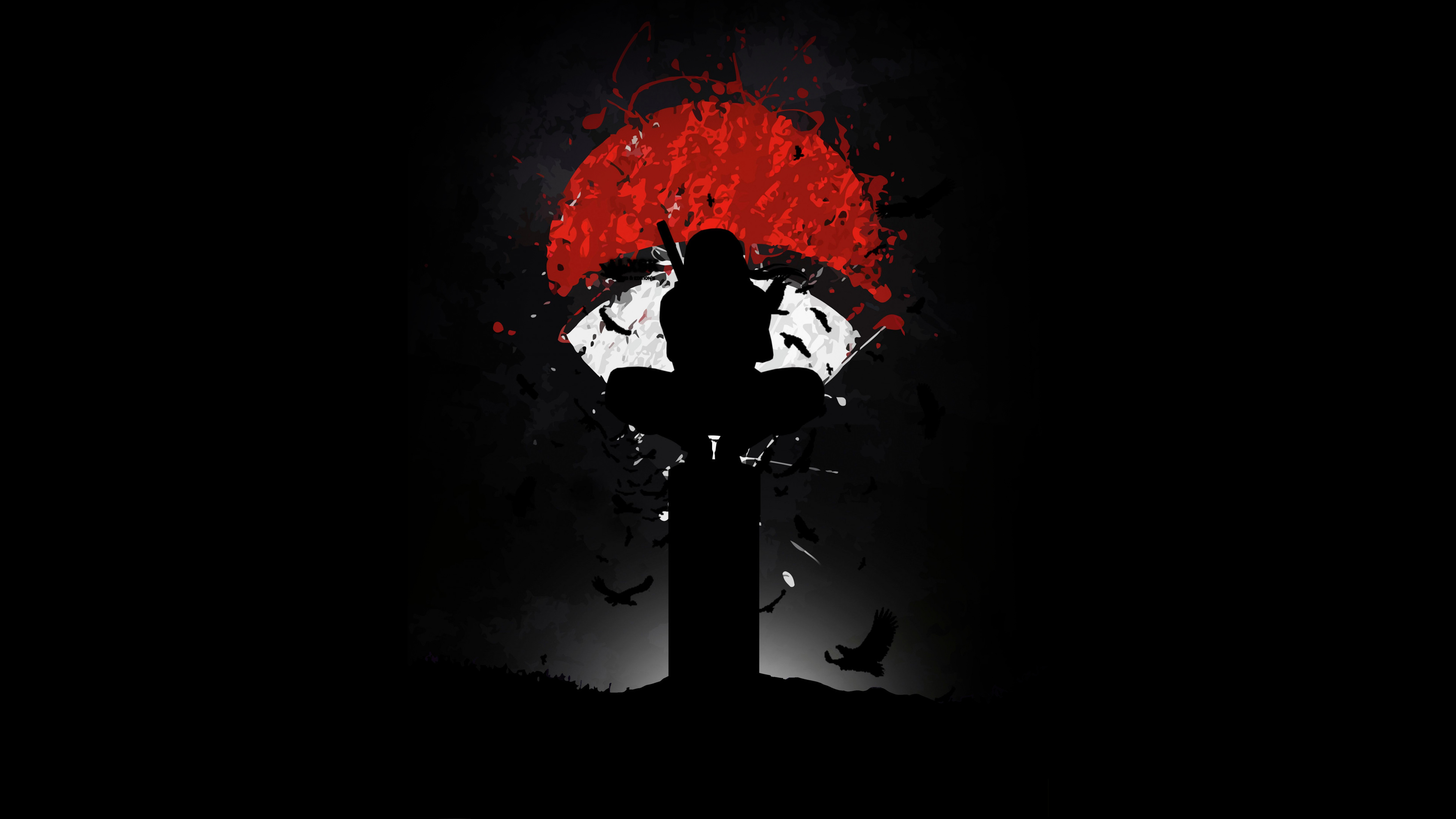 Minimalist black silhouette of Itachi Uchiha from Naruto against a solid black background.
