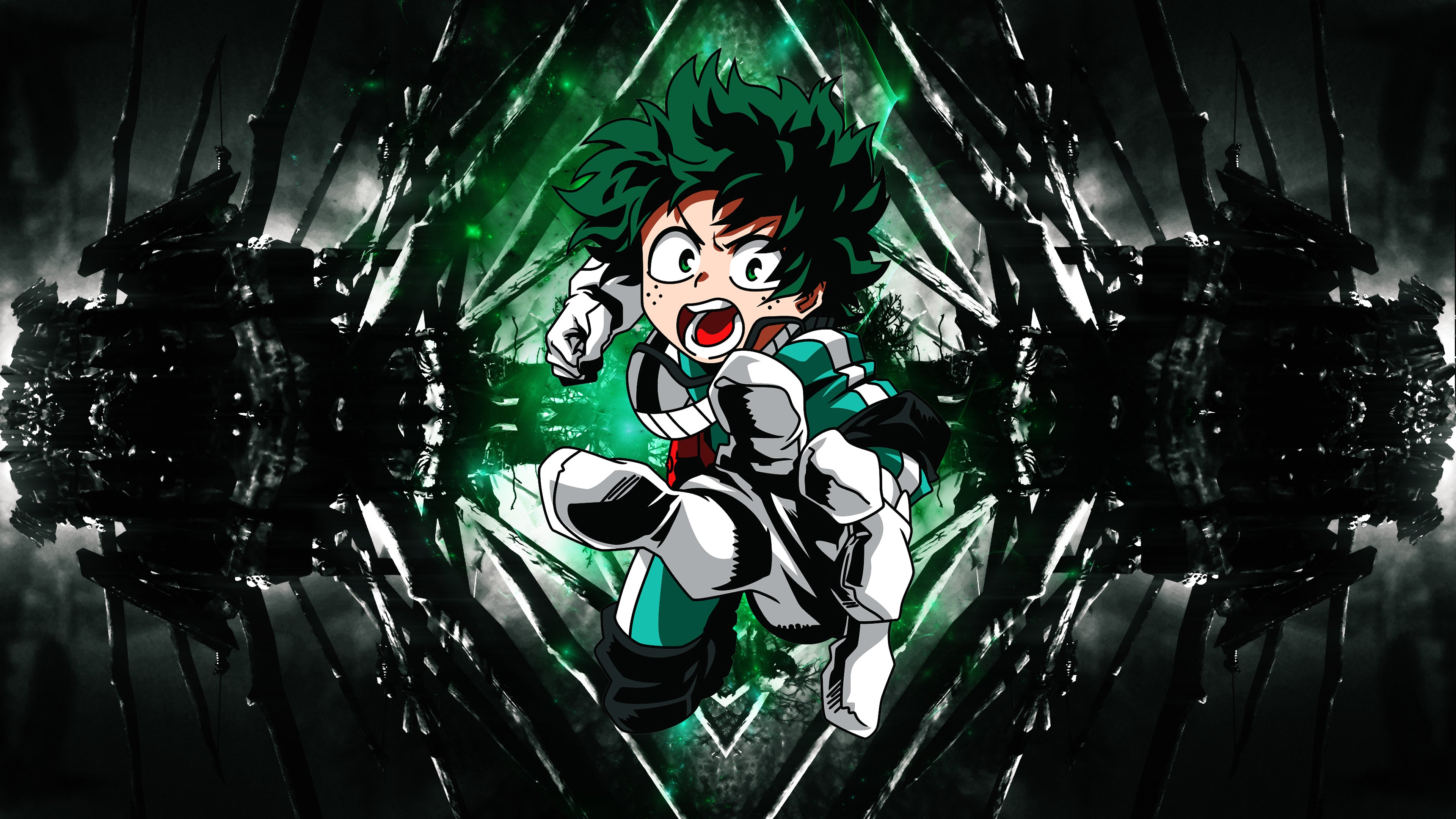 Izuku Midoriya from My Hero Academia standing against a dark, atmospheric background
