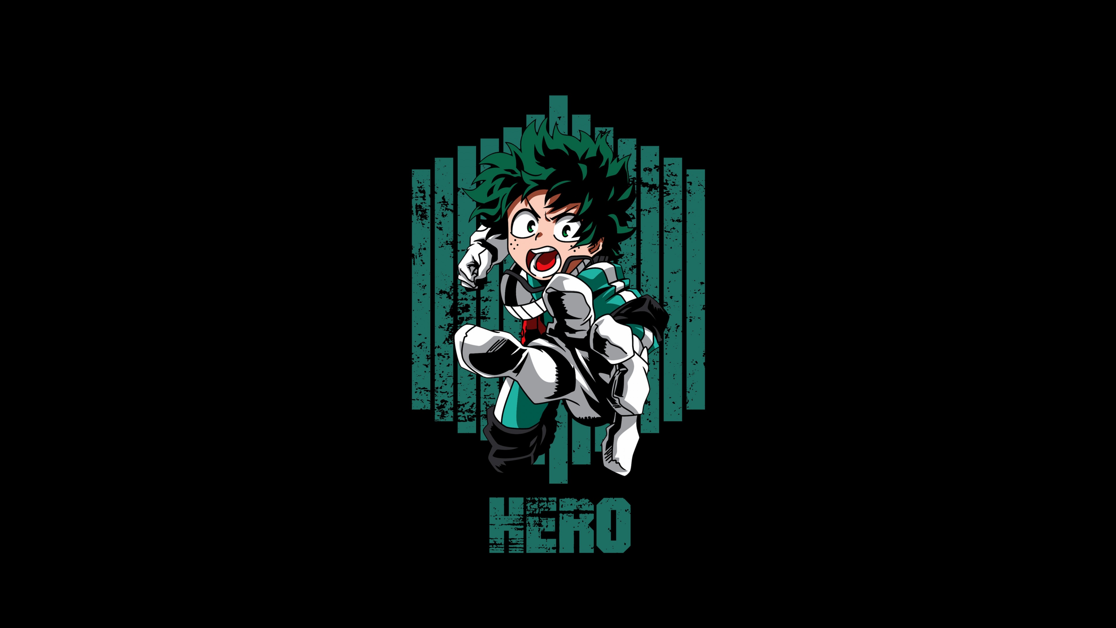 A cute anime illustration of Izuku Midoriya from My Hero Academia on a black background.