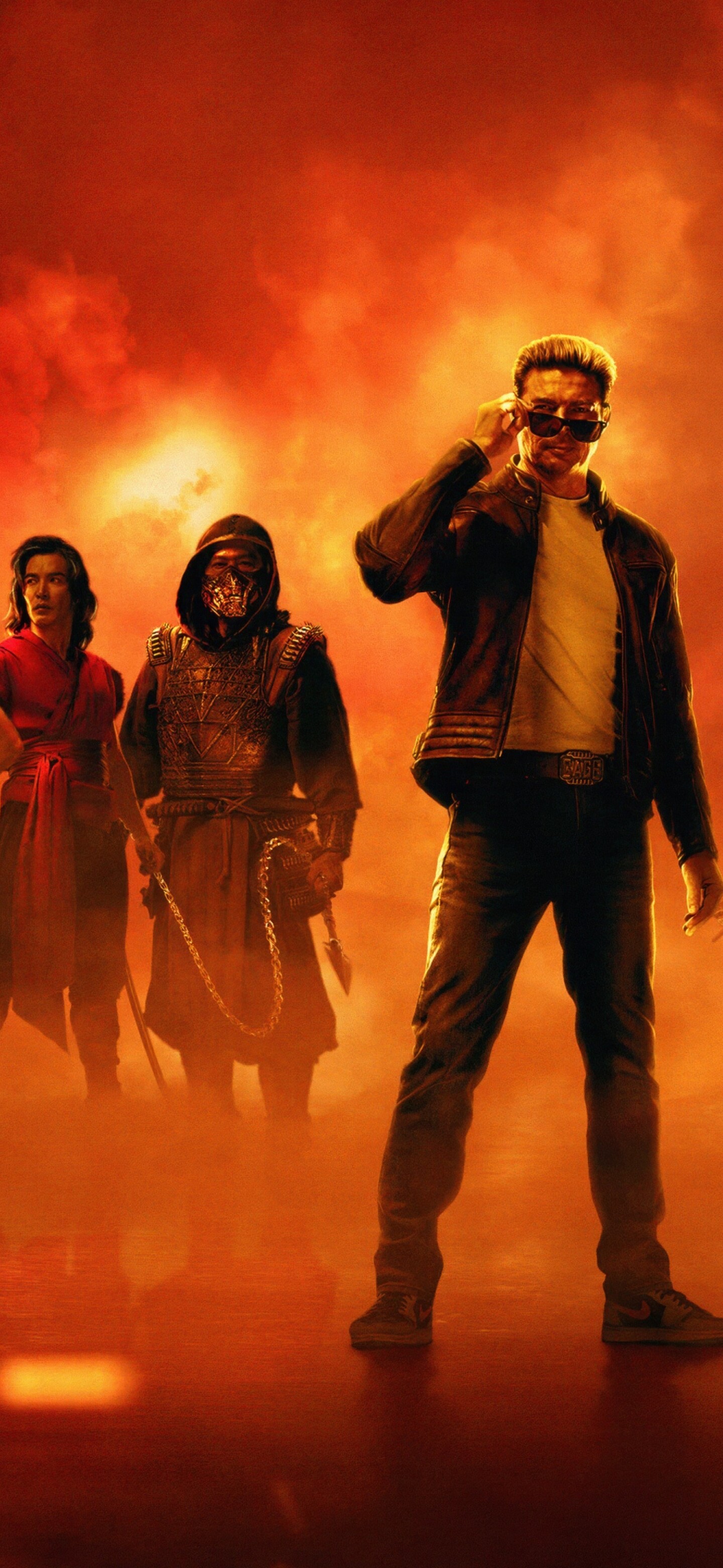 Cinematic movie poster of Johnny Cage, played by Karl Urban, from Mortal Kombat II featuring a bold orange background.