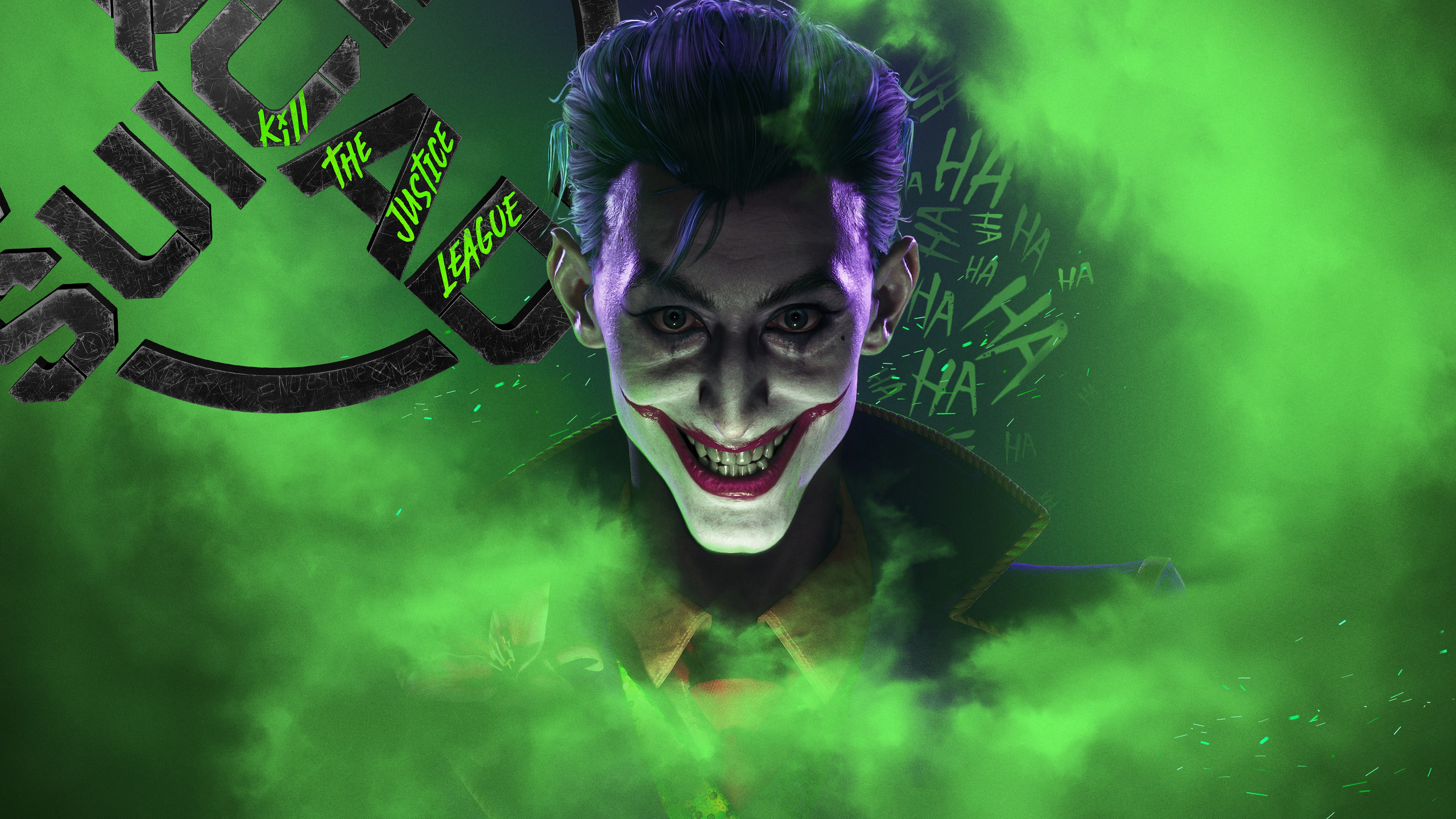 A vivid illustration of the Joker from the DC Comics game Suicide Squad: Kill the Justice League featuring a green color palette.