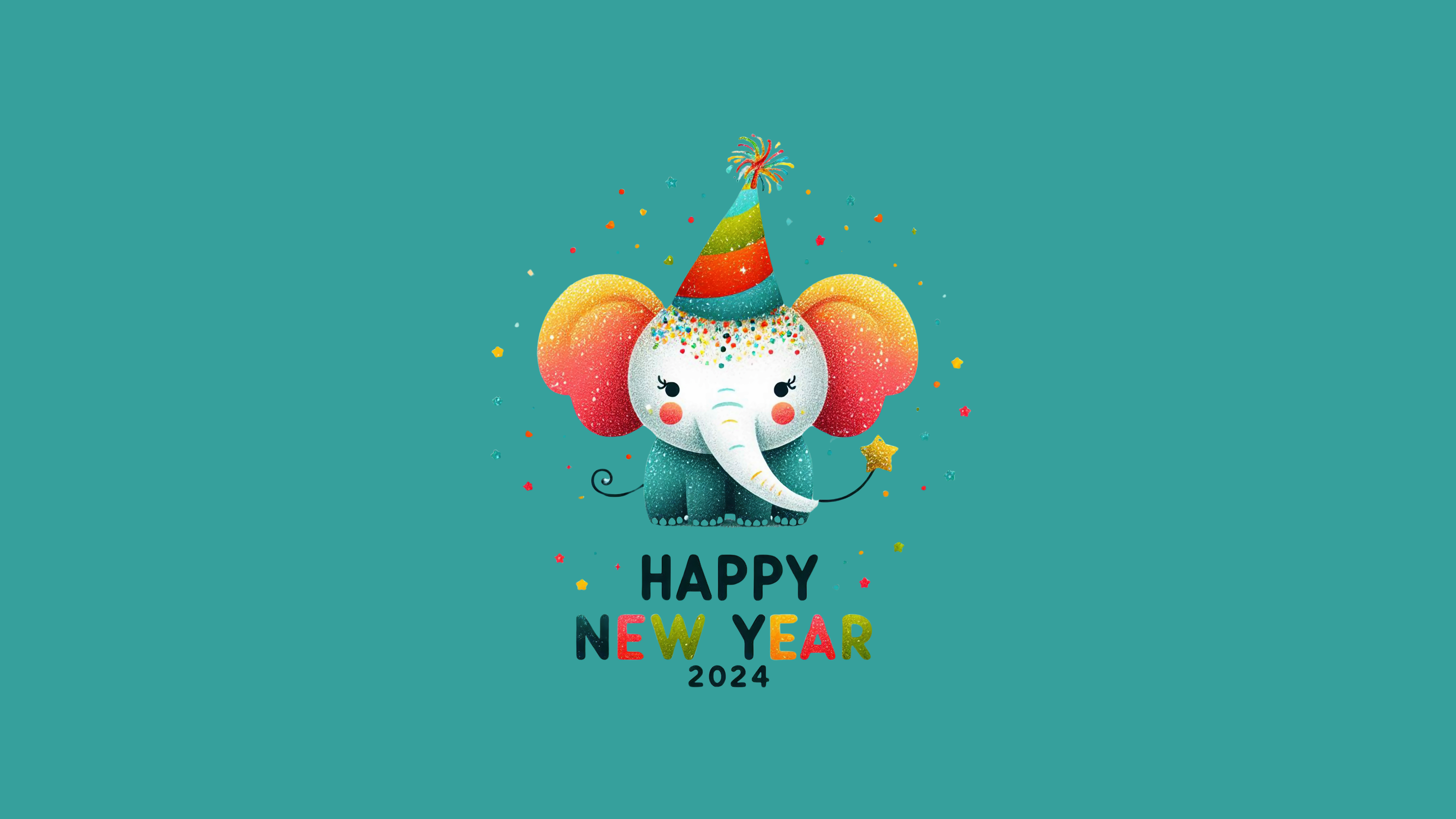 A cute baby elephant cub surrounded by colorful flying party confetti celebrating New Year.