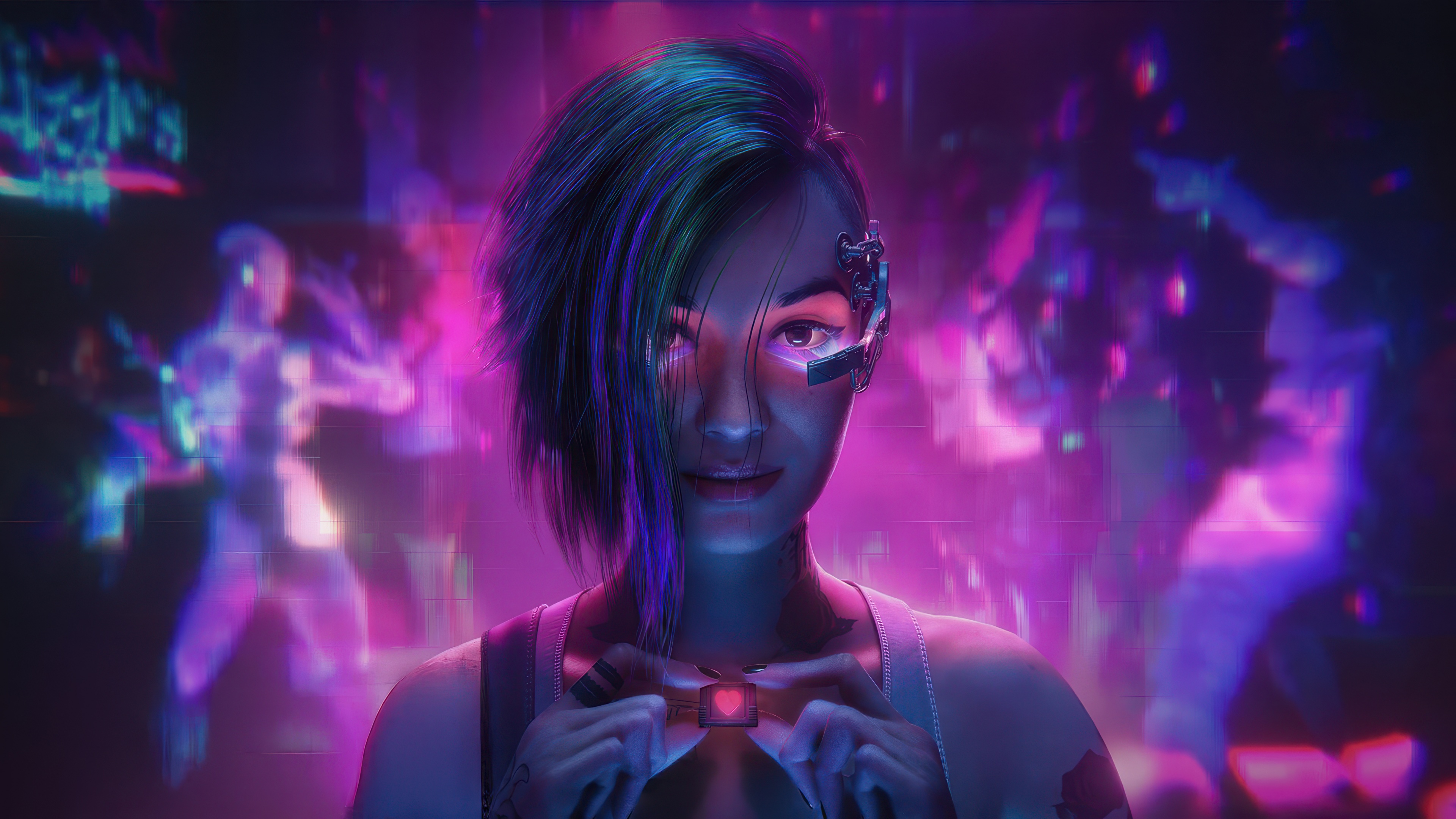 A neon pink aesthetic portrait of Judy Alvarez from Cyberpunk 2077 featuring glowing pink hearts and vibrant light.