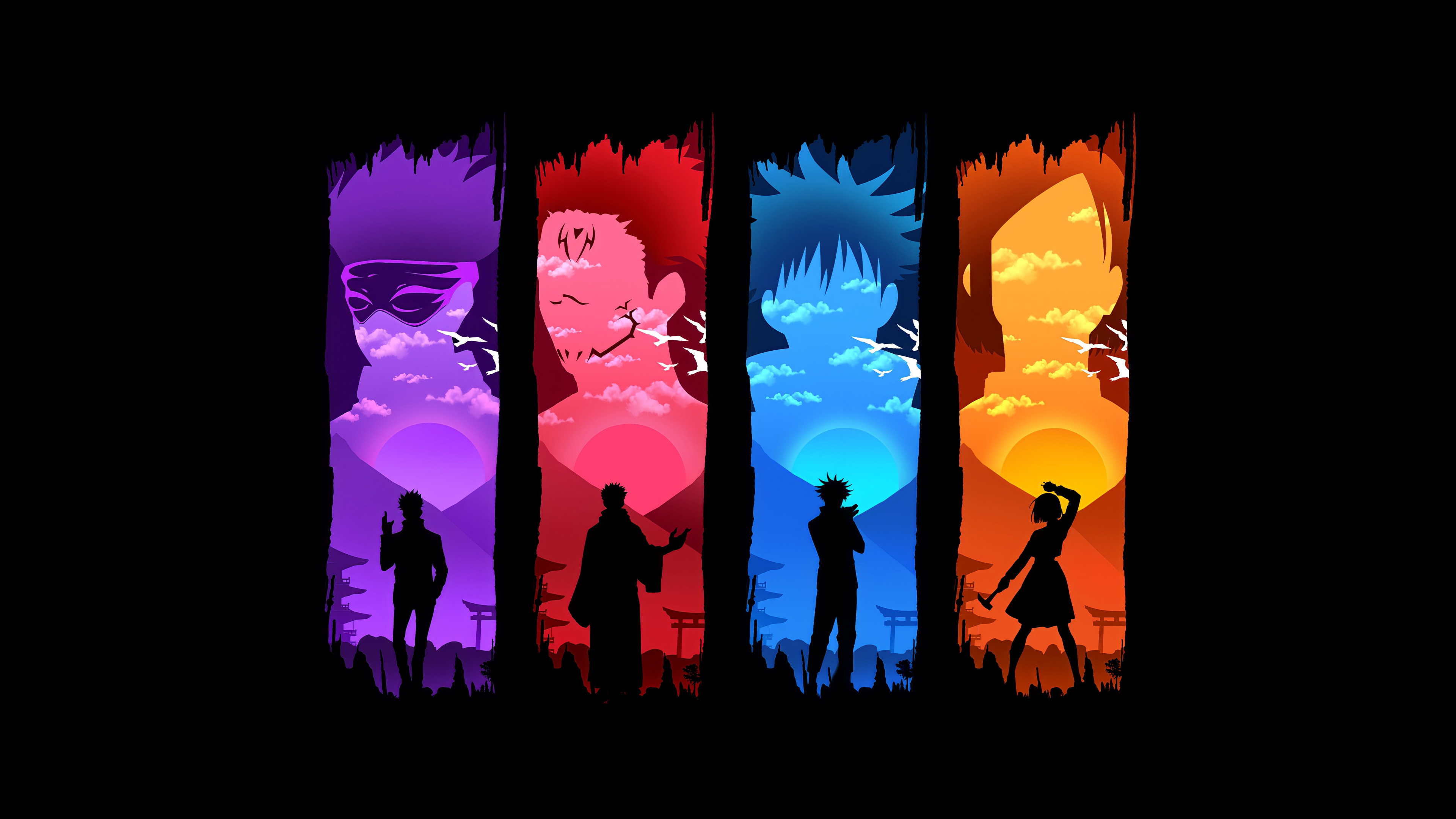 Colorful manga art of Jujutsu Kaisen characters Yuji Itadori, Megumi Fushiguro, Nobara Kugisaki, Satoru Gojo, and Sukuna on a black background.