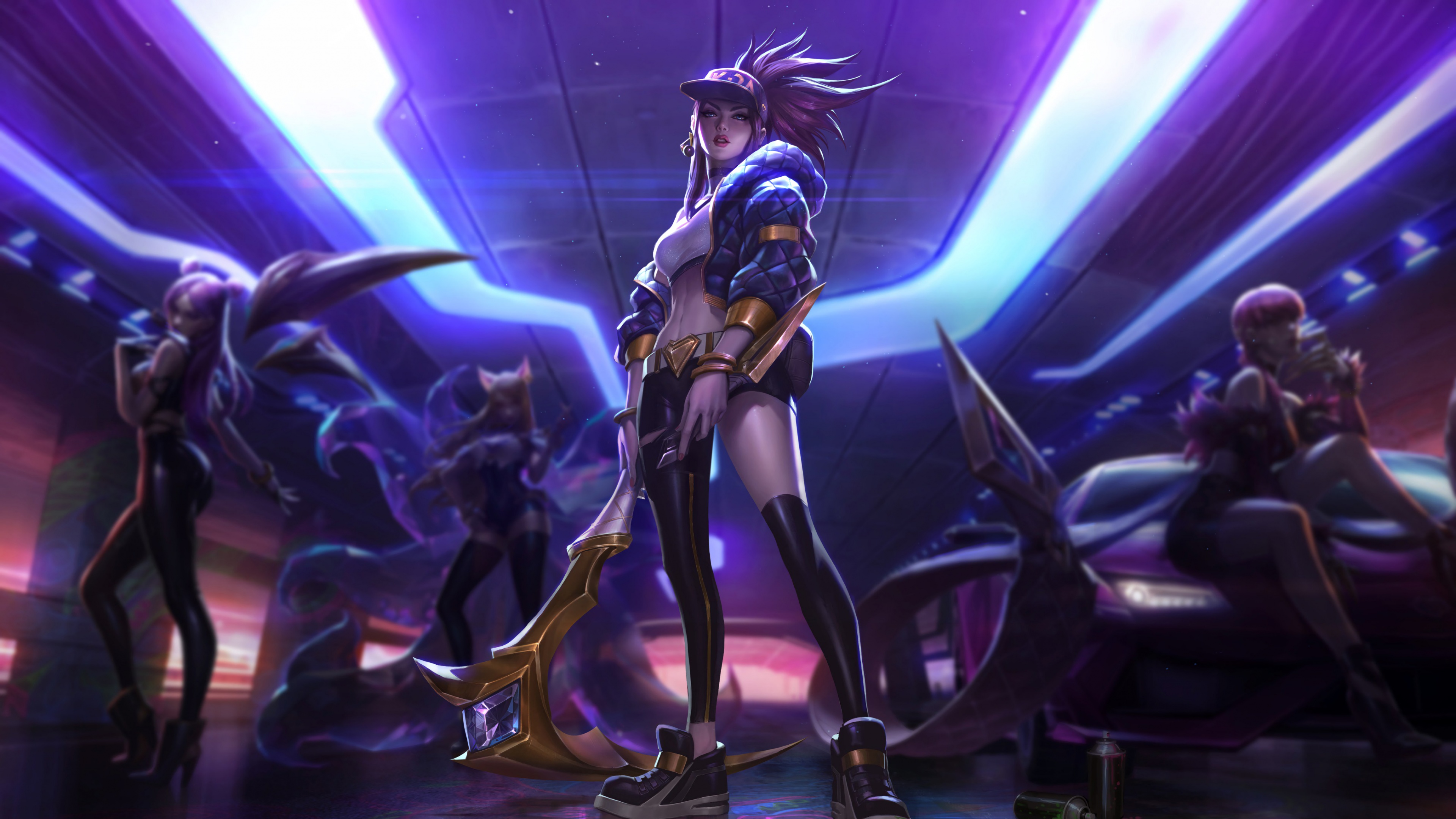 Ahri, Akali, Evelynn, and Kai'Sa from League of Legends in K/DA K-pop style.