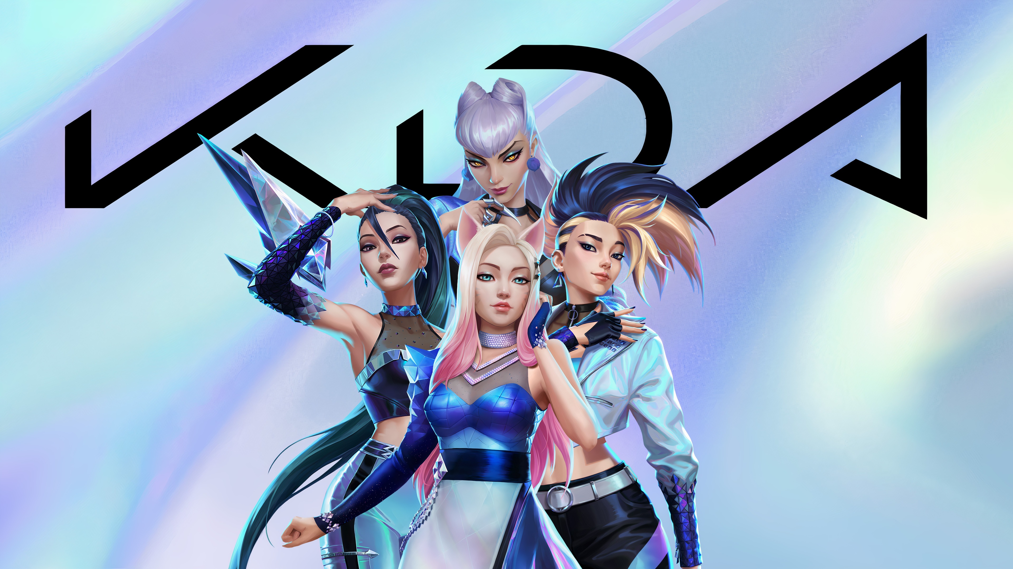K/DA members Akali, Ahri, Evelynn, and Kai'Sa from League of Legends posing as K-Pop singers.