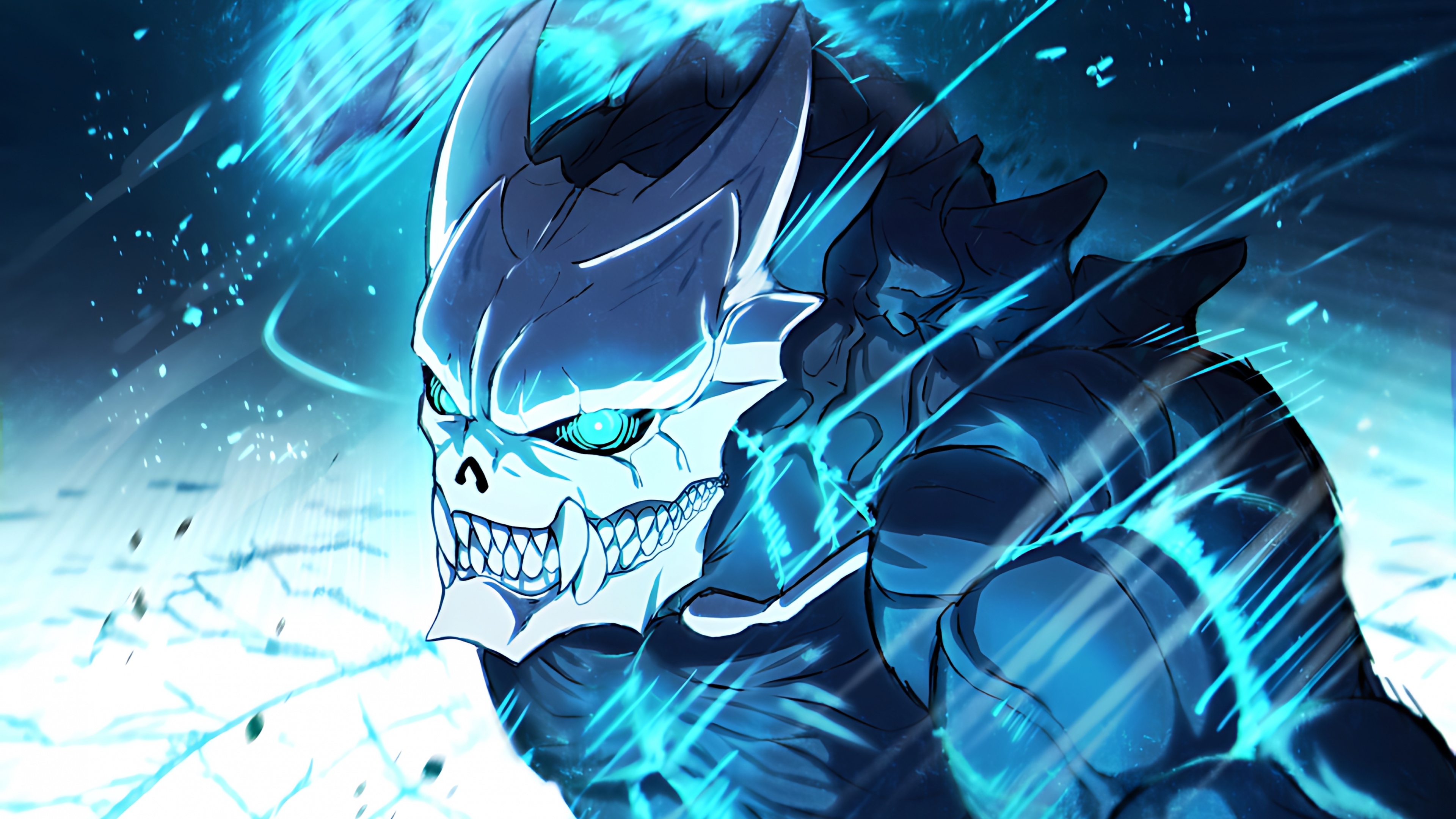 A detailed illustration of Kafka Hibino transformed into Kaiju No. 8, featuring dark armored plating and glowing eyes.