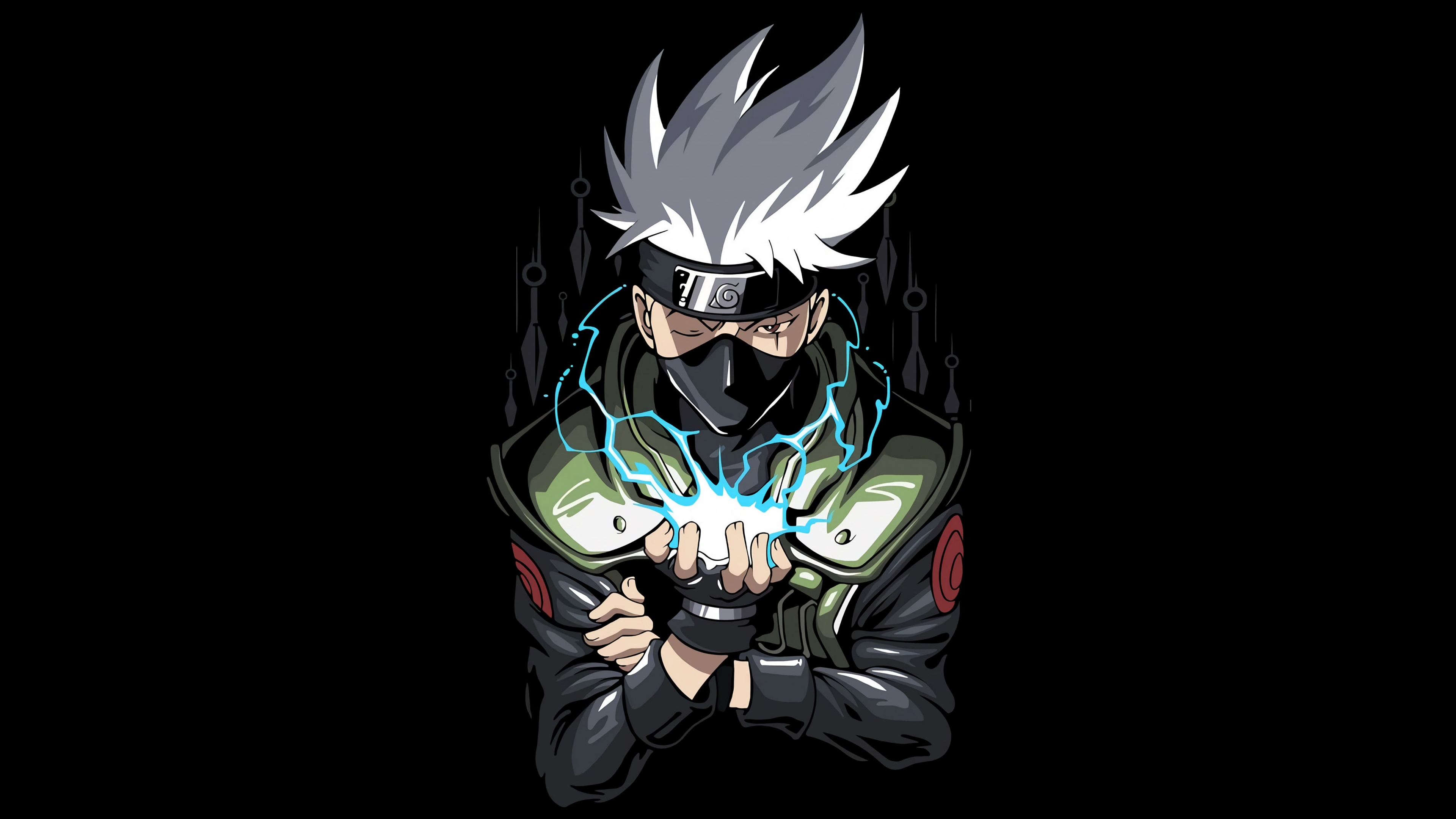 A high-contrast, 5K digital artwork of Kakashi Hatake from Naruto against a pure black AMOLED background.
