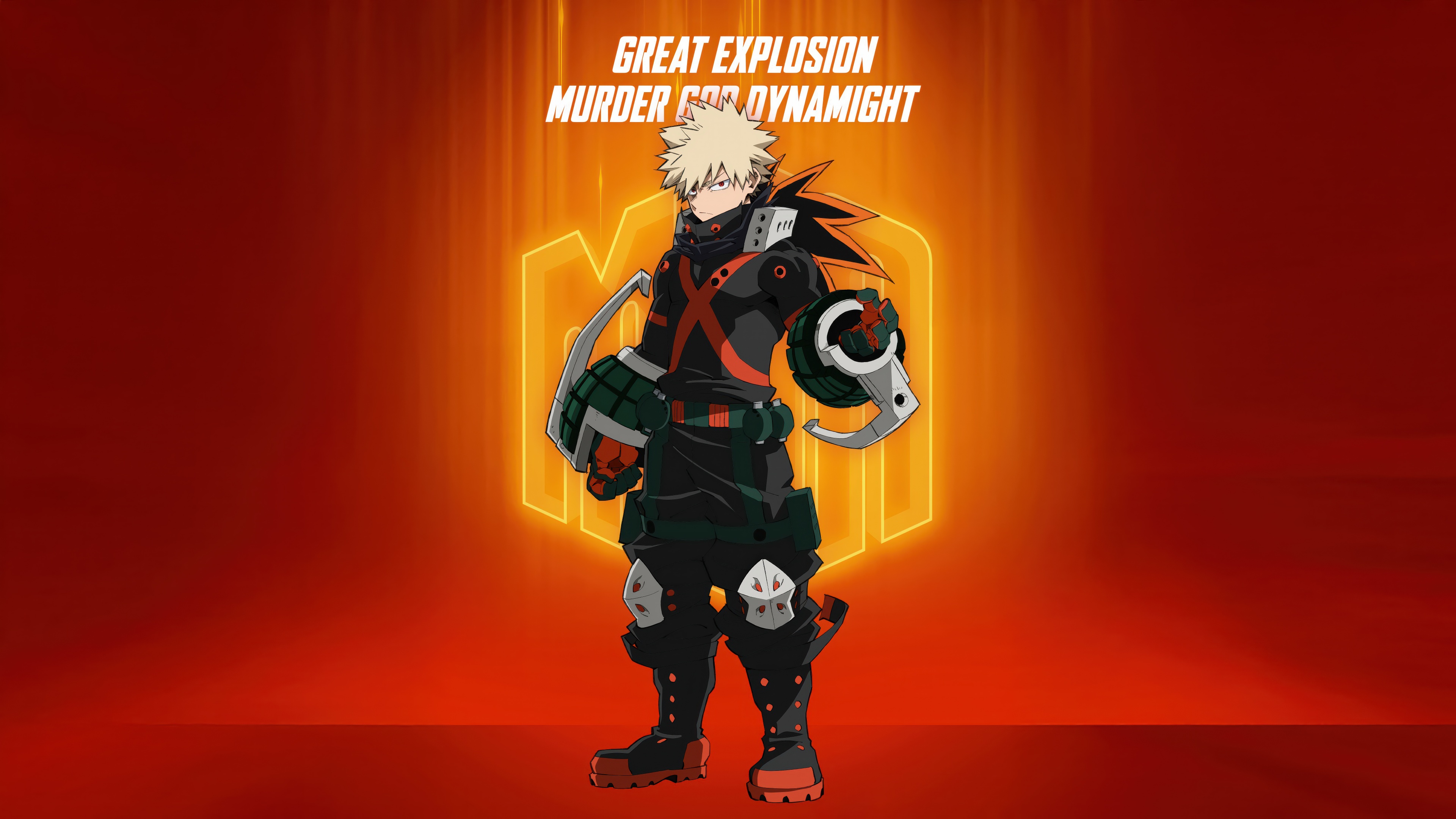 Katsuki Bakugo from My Hero Academia against a vibrant orange background