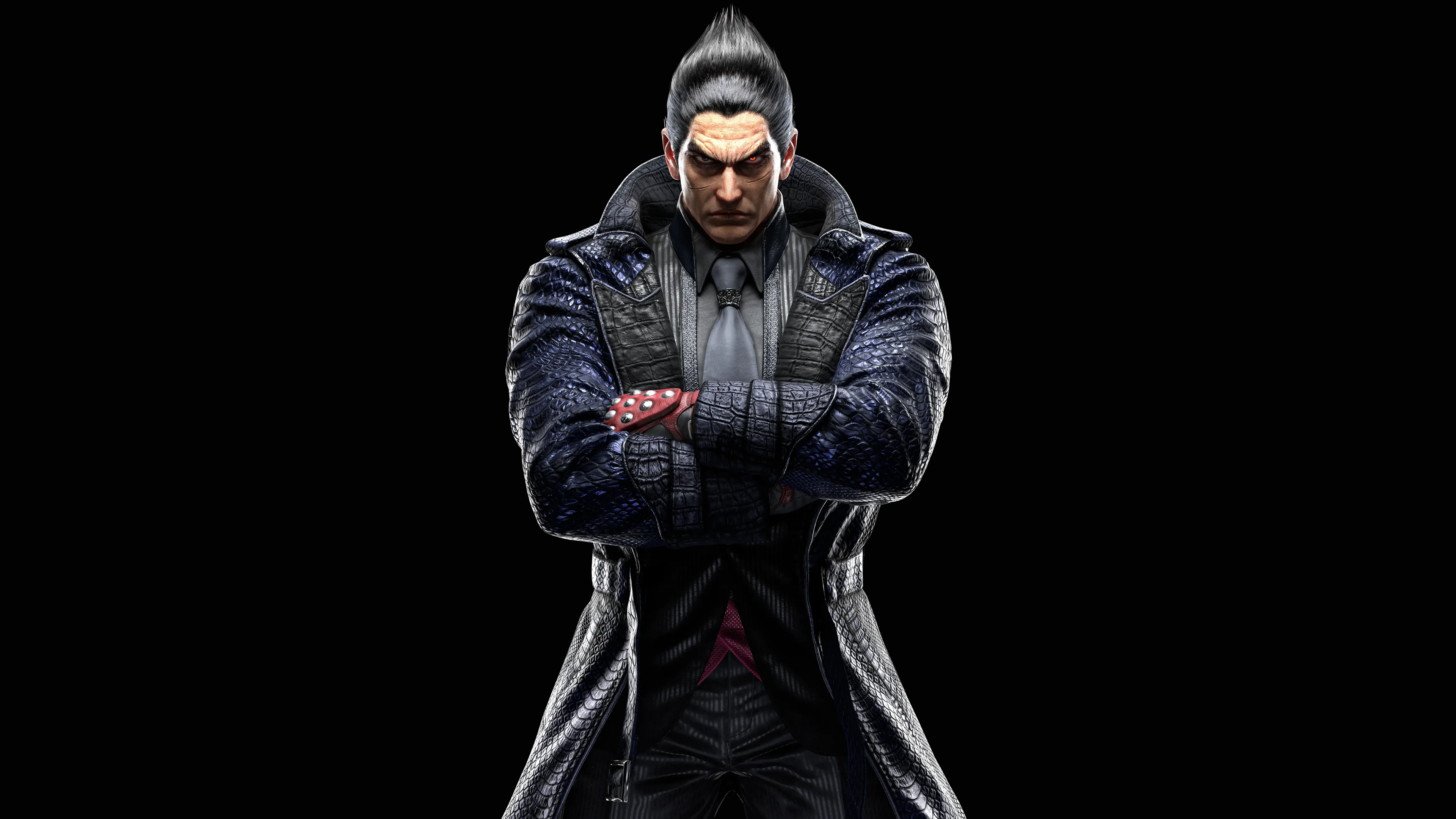 A high-detail 5K close-up portrait of Kazuya Mishima from Tekken 8 against a black background
