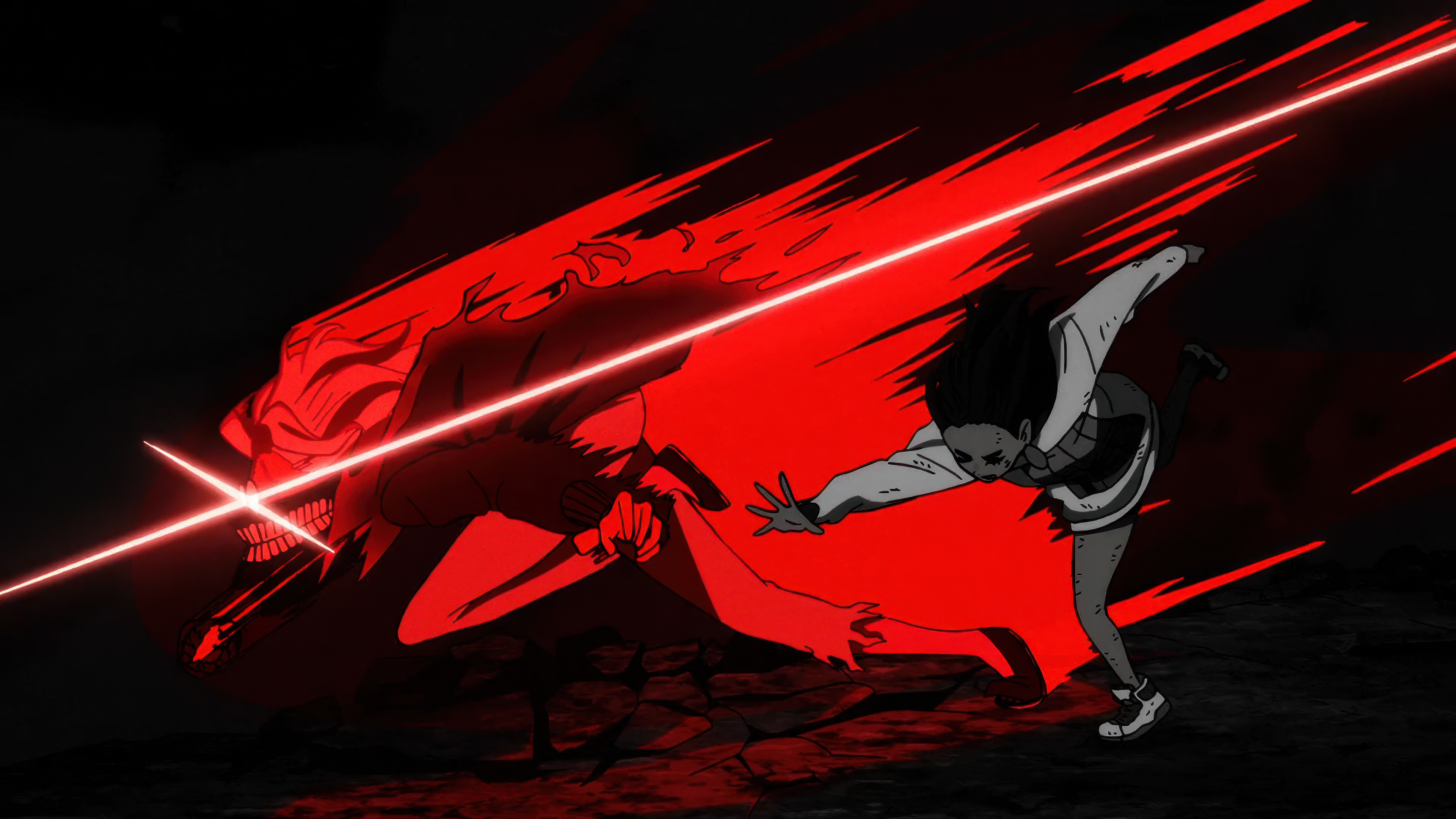 Ken Takakura and Momo Ayase from Dandadan in a dramatic dark red aesthetic with a dark background.