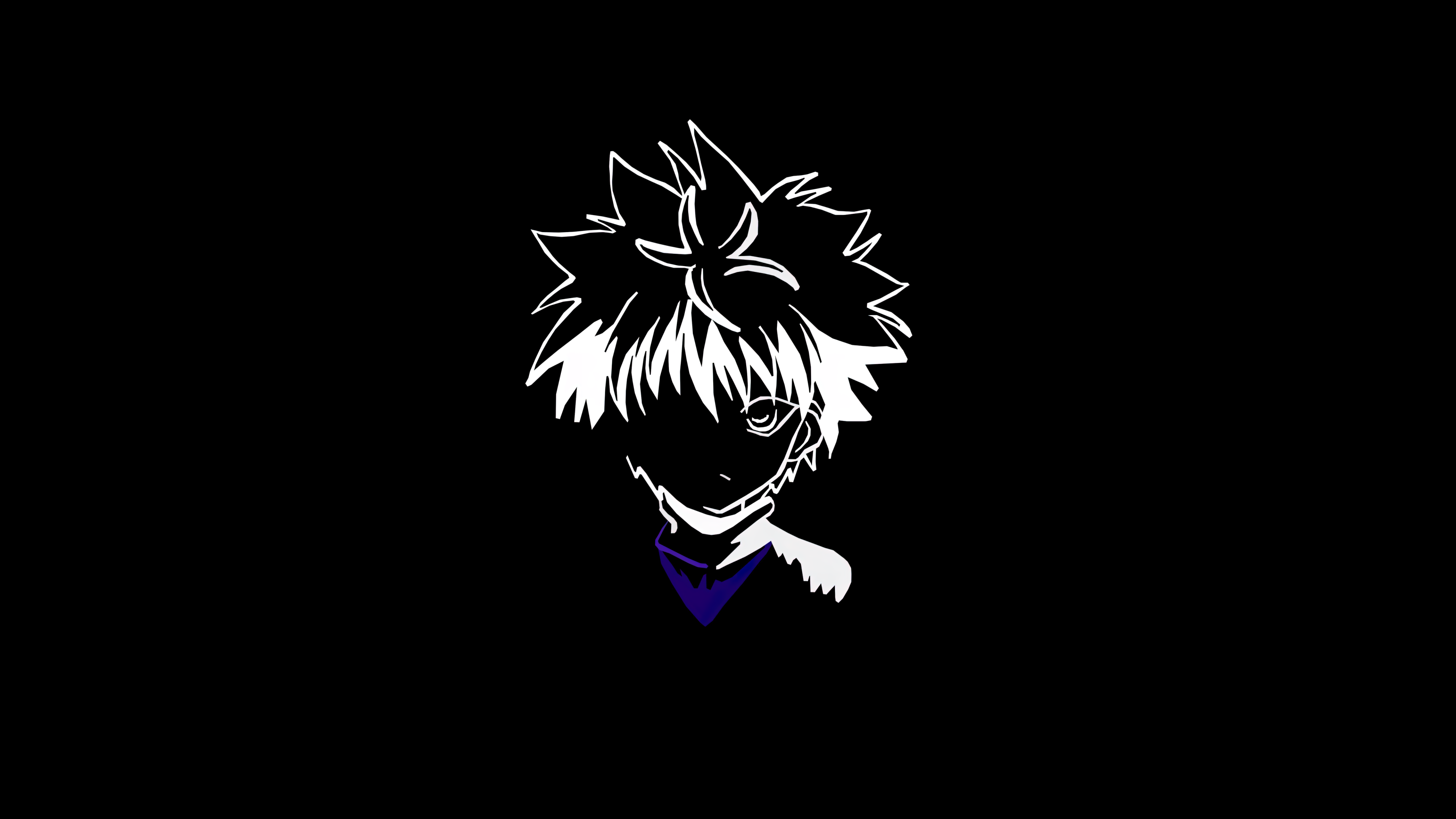 A minimalist 5K illustration of Killua Zoldyck from Hunter x Hunter on a solid black background.