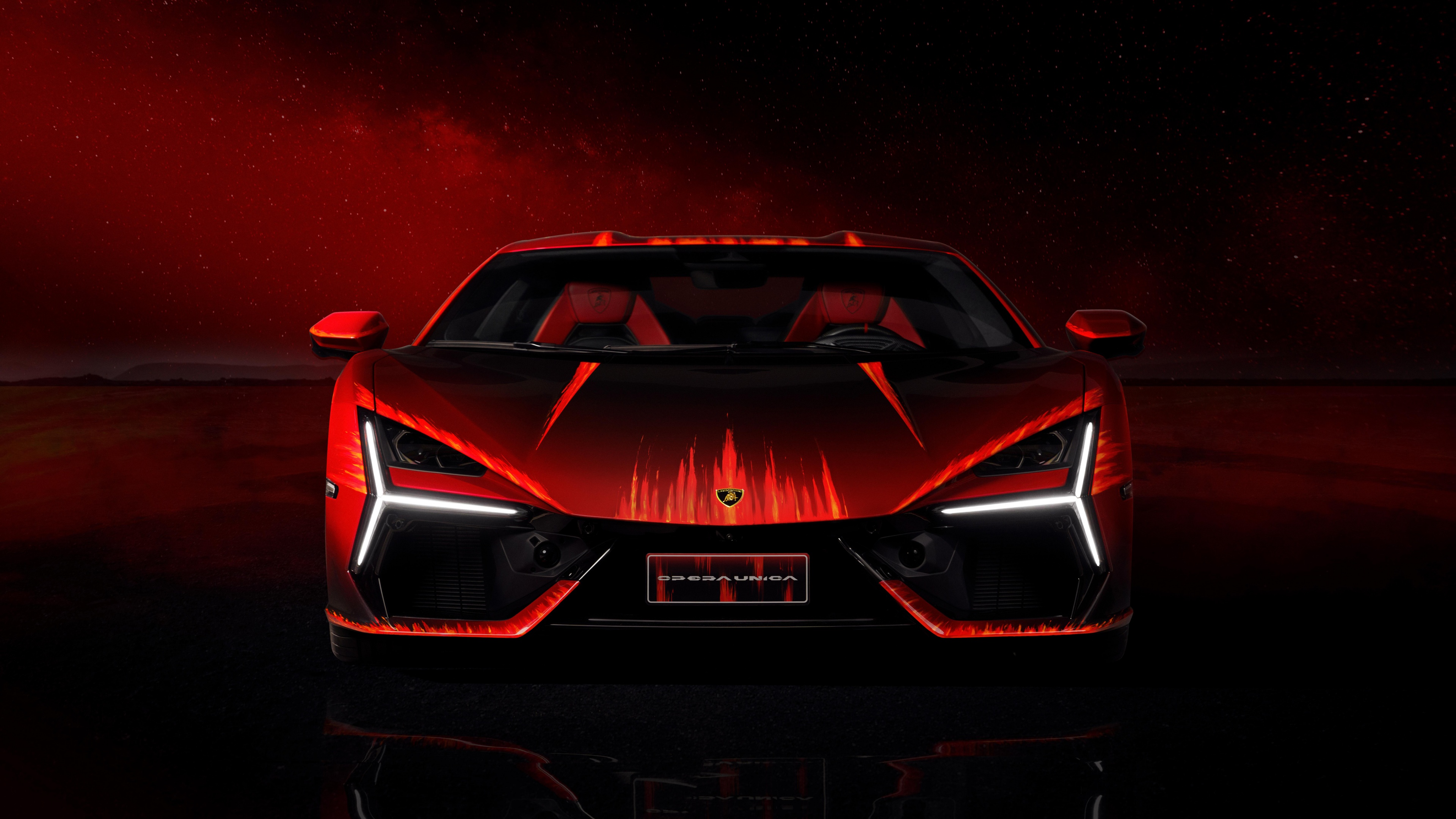 A sleek Lamborghini Revuelto Opera Unica supercar featured against a vibrant red background.