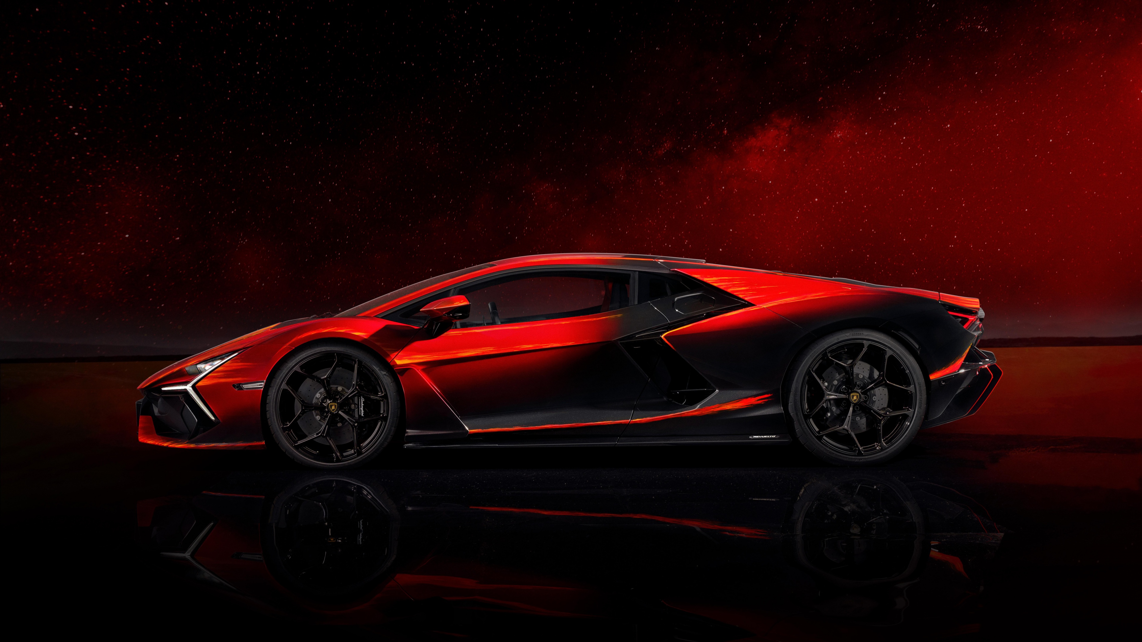 A luxurious Lamborghini Revuelto Opera Unica supercar positioned against a bold, solid red background.