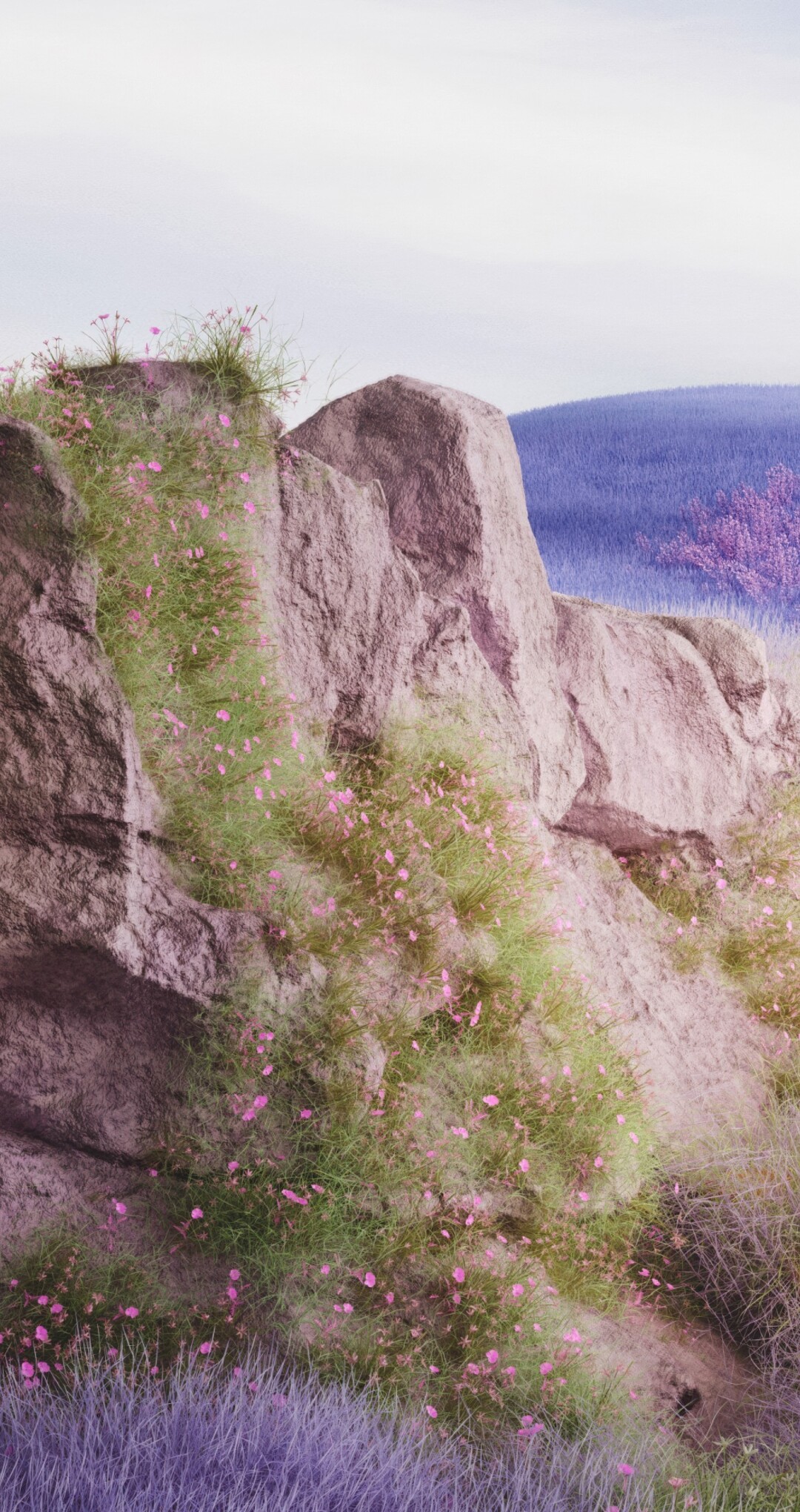 A surreal landscape of vast purple lavender fields featuring a large, glowing sphere floating in a dreamy, aesthetic sky.