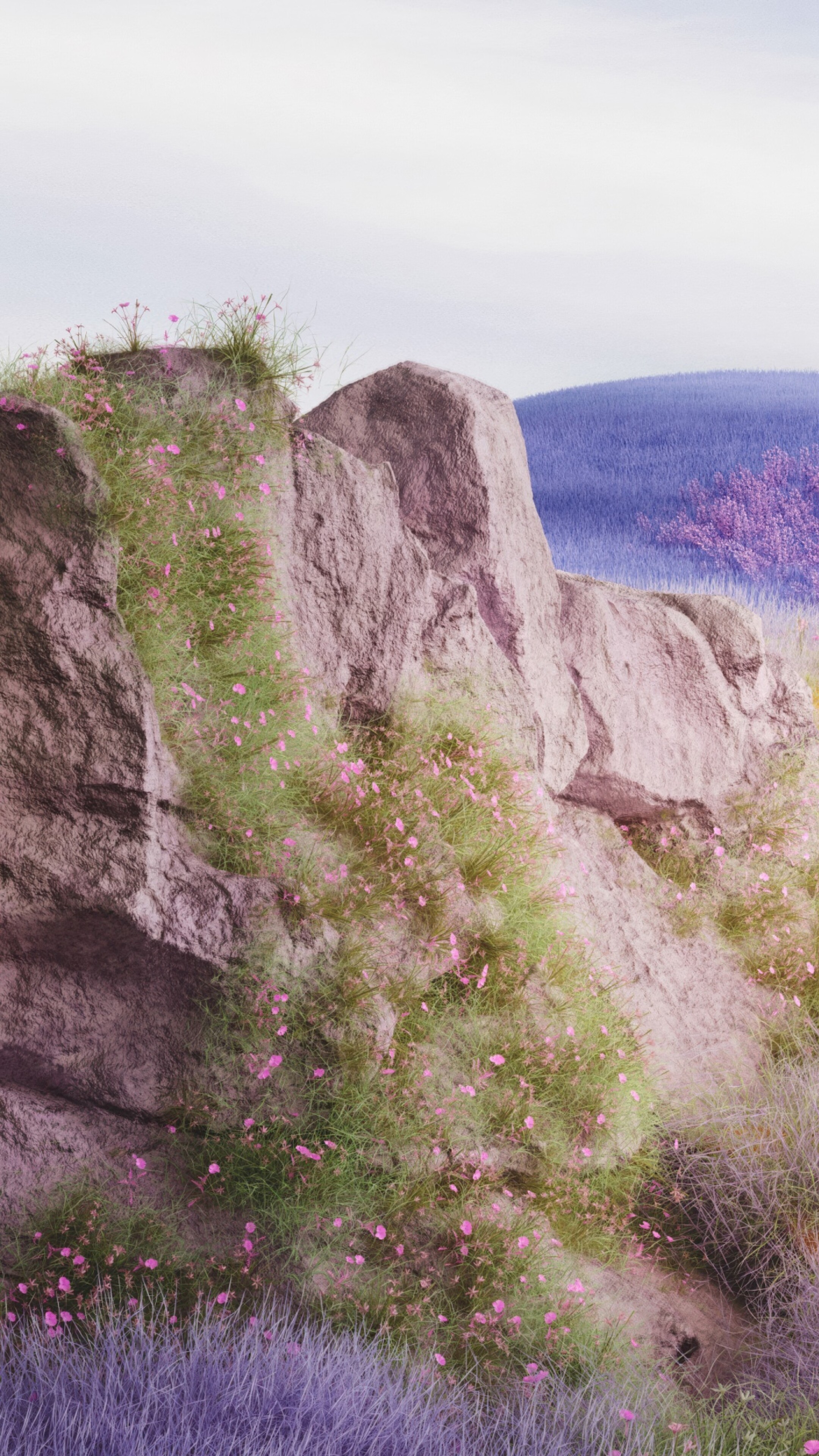 A surreal landscape of vast purple lavender fields featuring a large, glowing sphere floating in a dreamy, aesthetic sky.