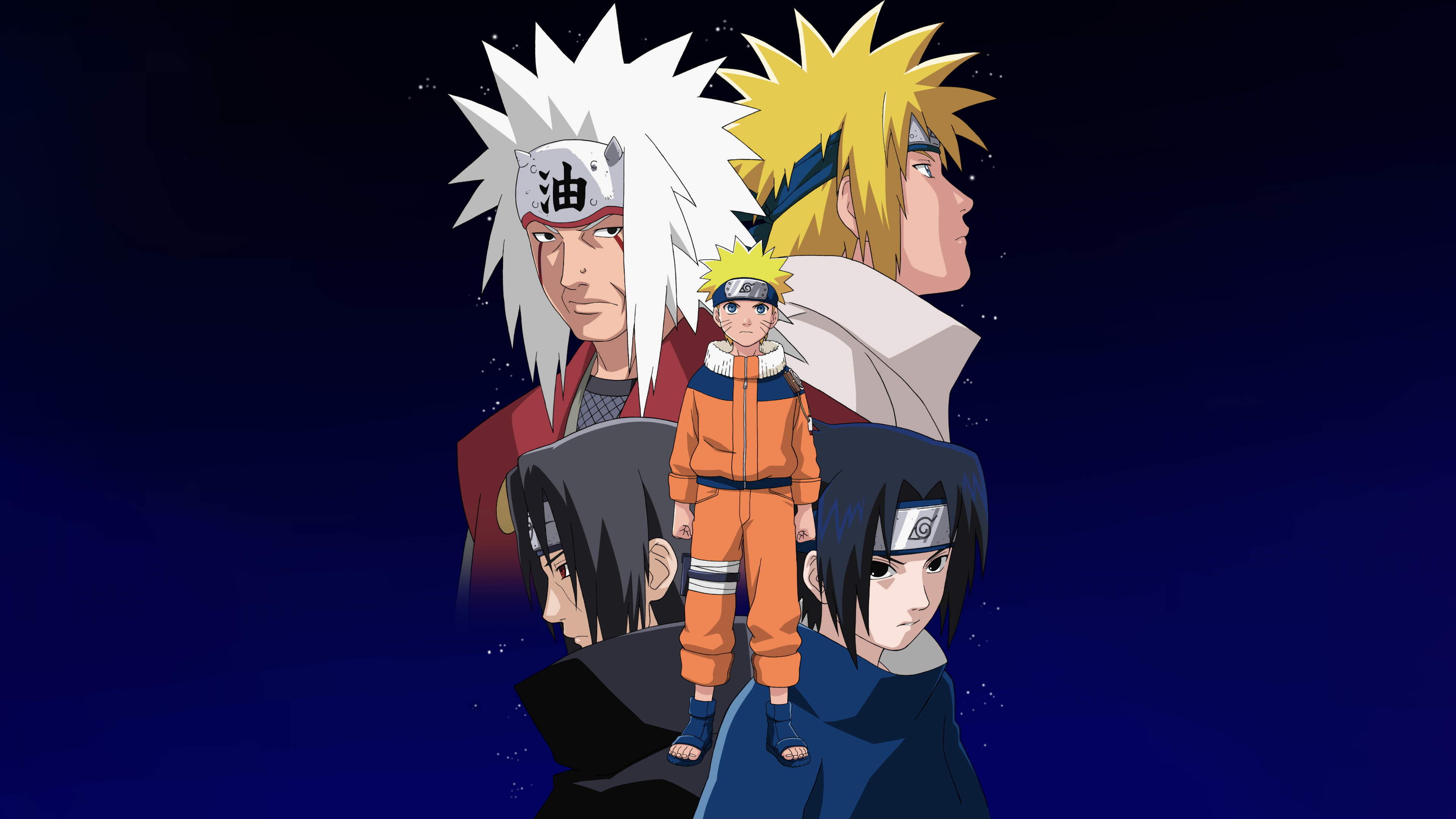 A cinematic group portrait of Naruto Uzumaki, Sasuke Uchiha, Minato Namikaze, and Jiraiya from the Naruto anime in a dark blue color palette.