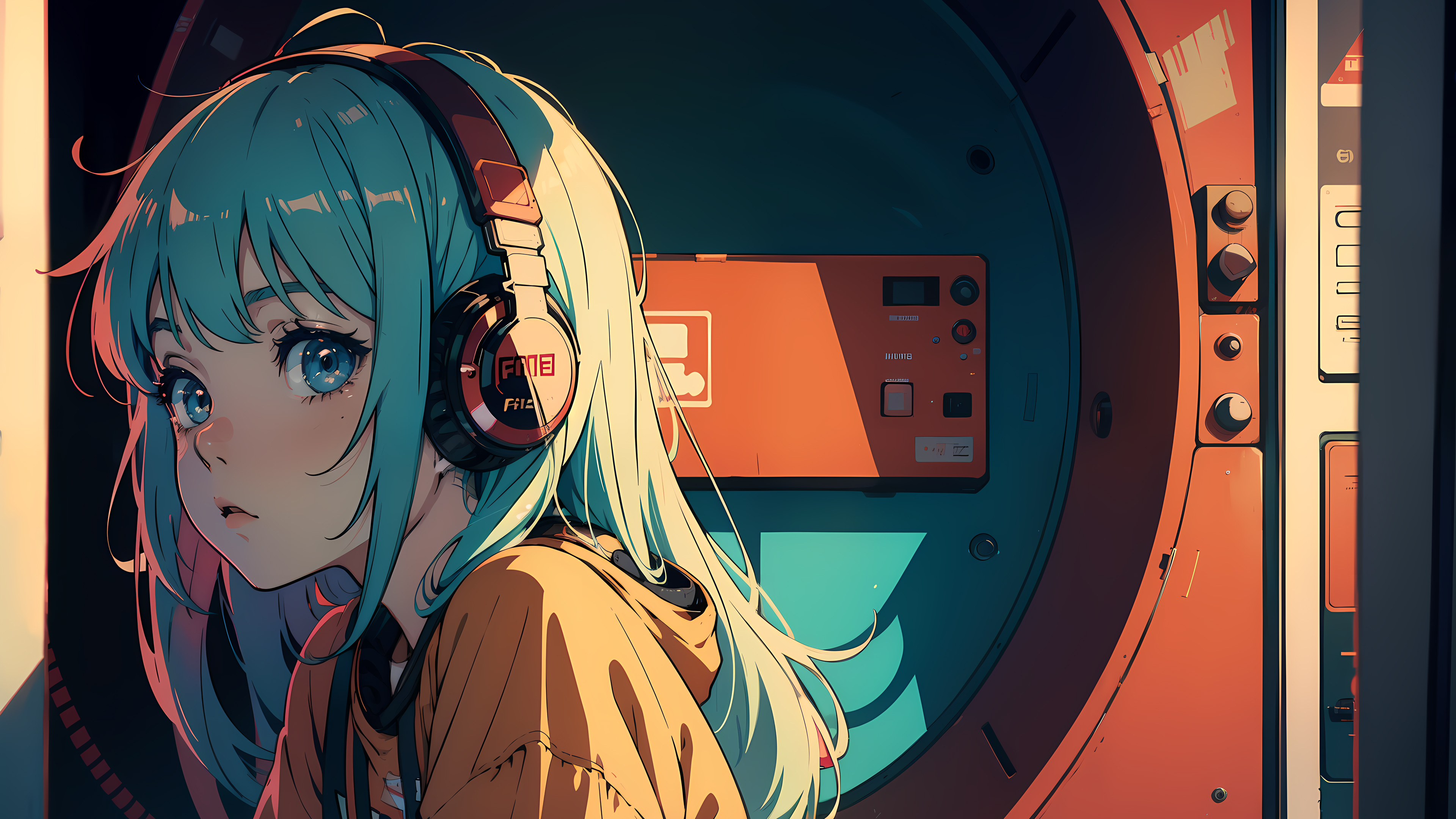 Anime girl wearing large headphones, listening to music in a lofi aesthetic style.