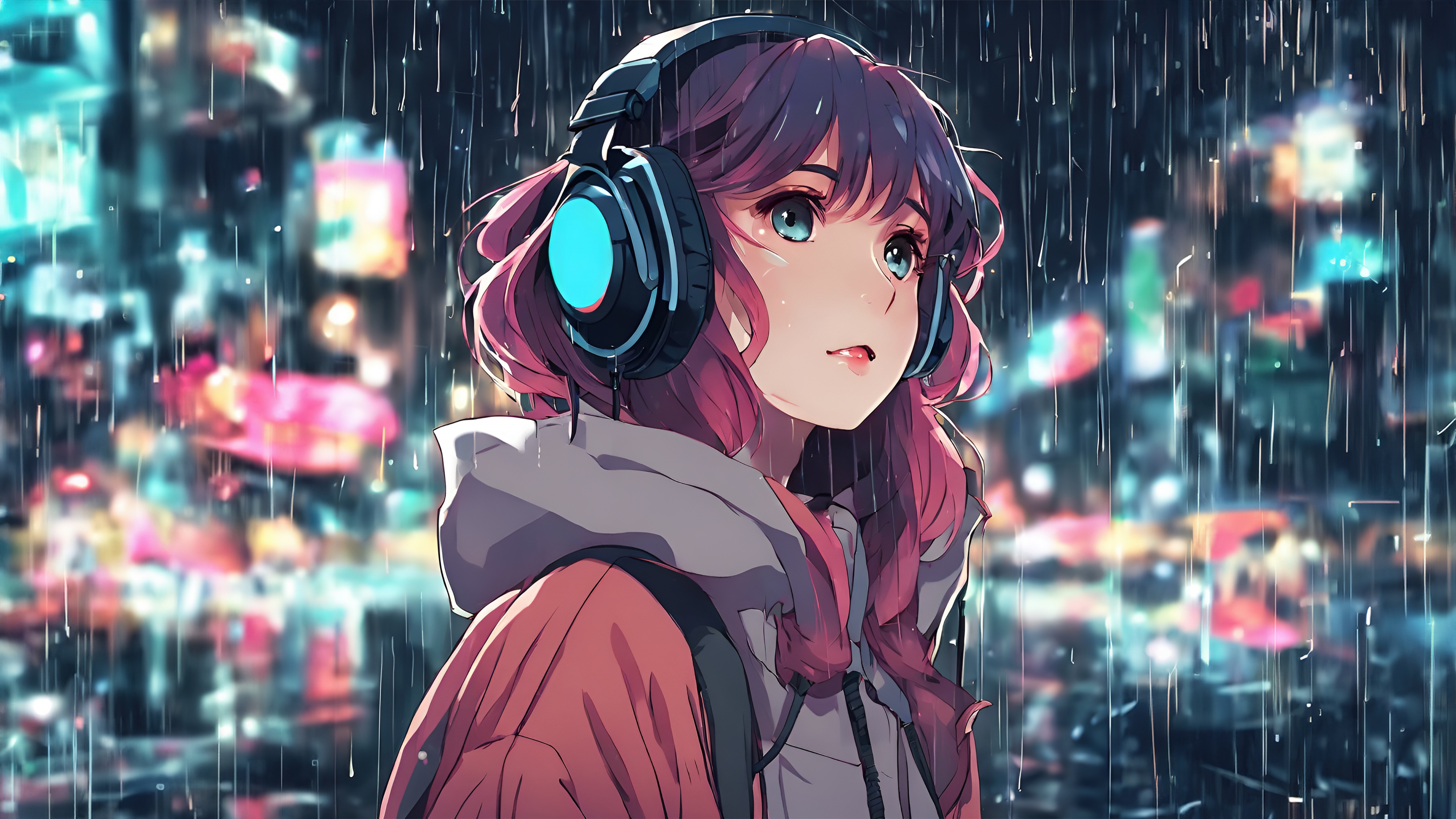 Lofi Girl wearing headphones and studying while it rains outside the window.