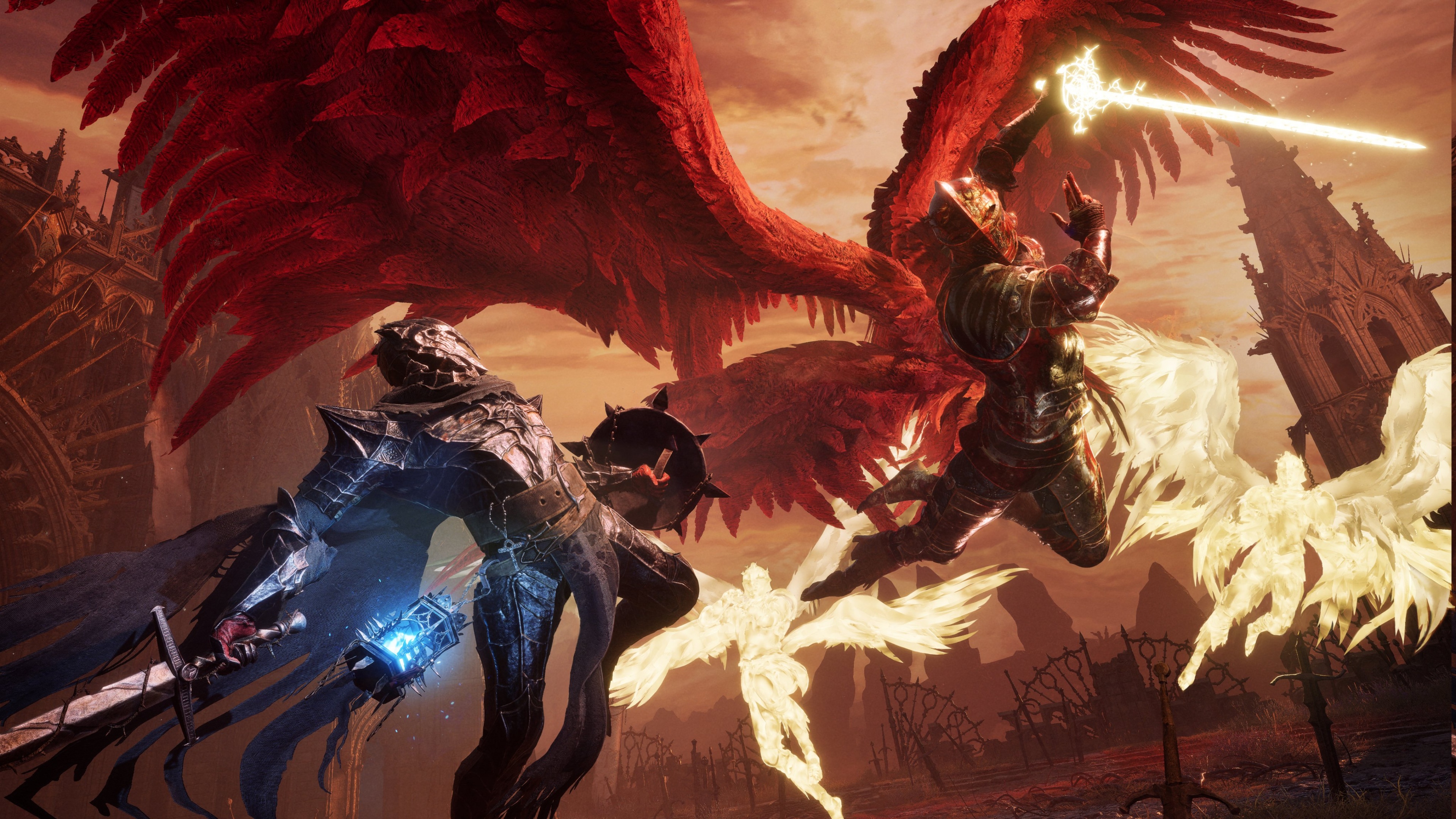 A menacing, heavily armored boss from the game Lords of the Fallen during an intense combat encounter.