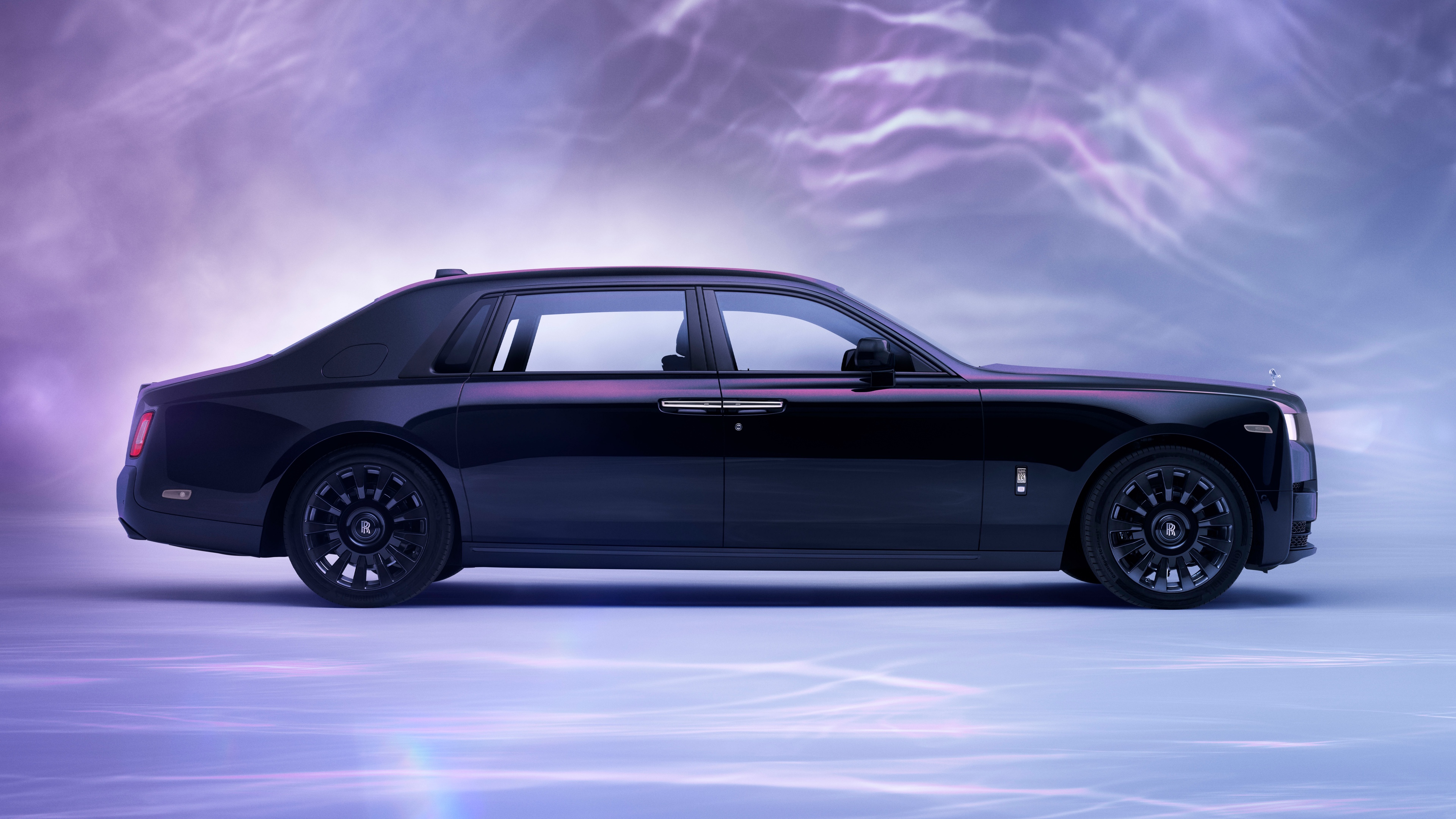 A luxurious Rolls-Royce Phantom car in a high-resolution purple aesthetic setting.
