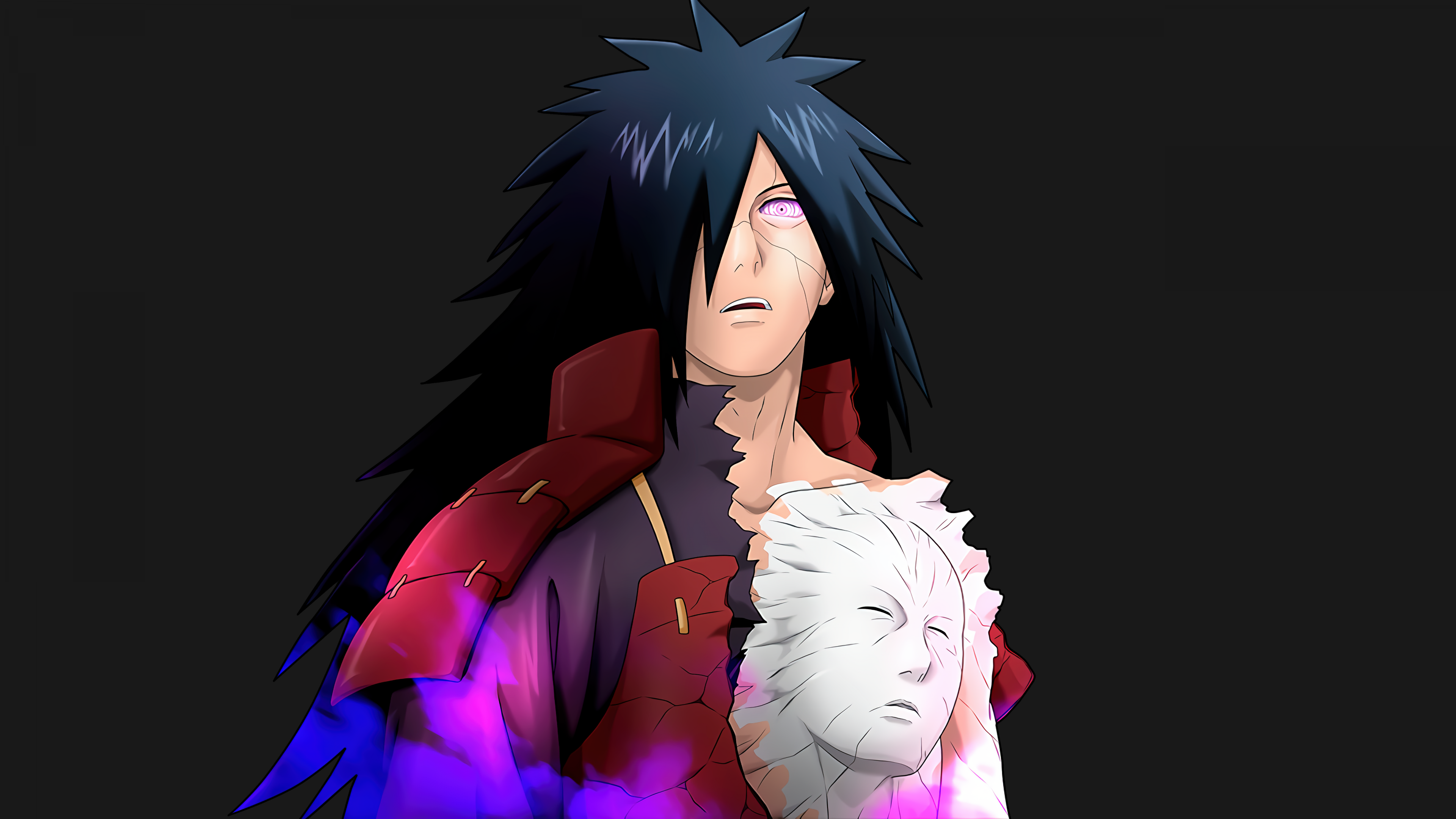 A high-detail digital portrait of Madara Uchiha from Naruto Shippuden against a dark, atmospheric background.