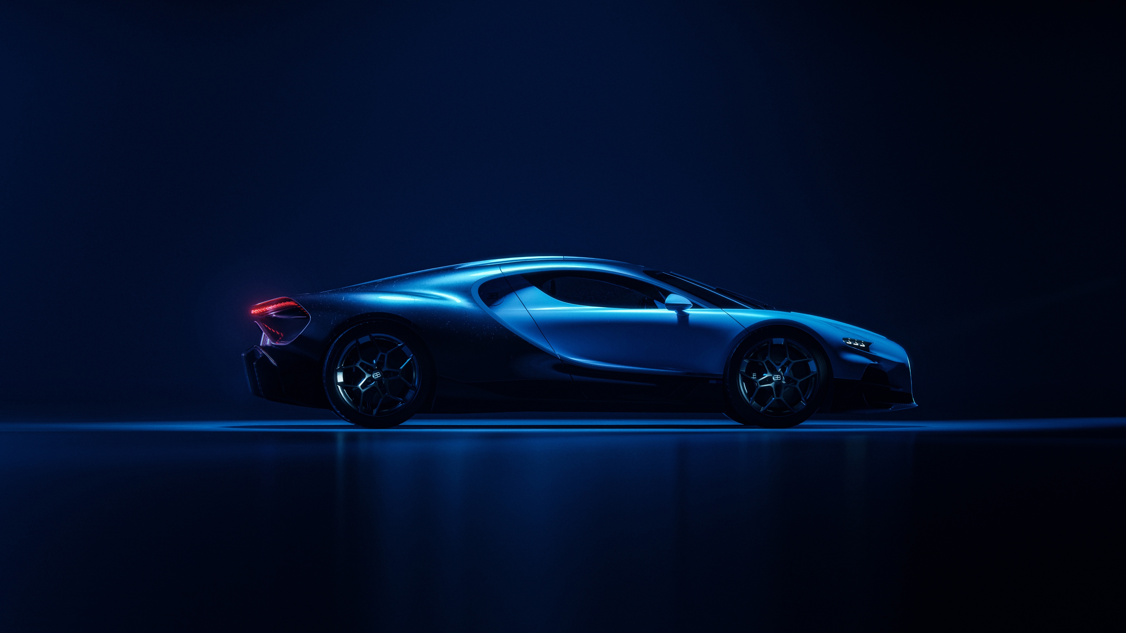 A futuristic Bugatti Tourbillon hypercar with a dark blue aesthetic and sleek aerodynamic design.