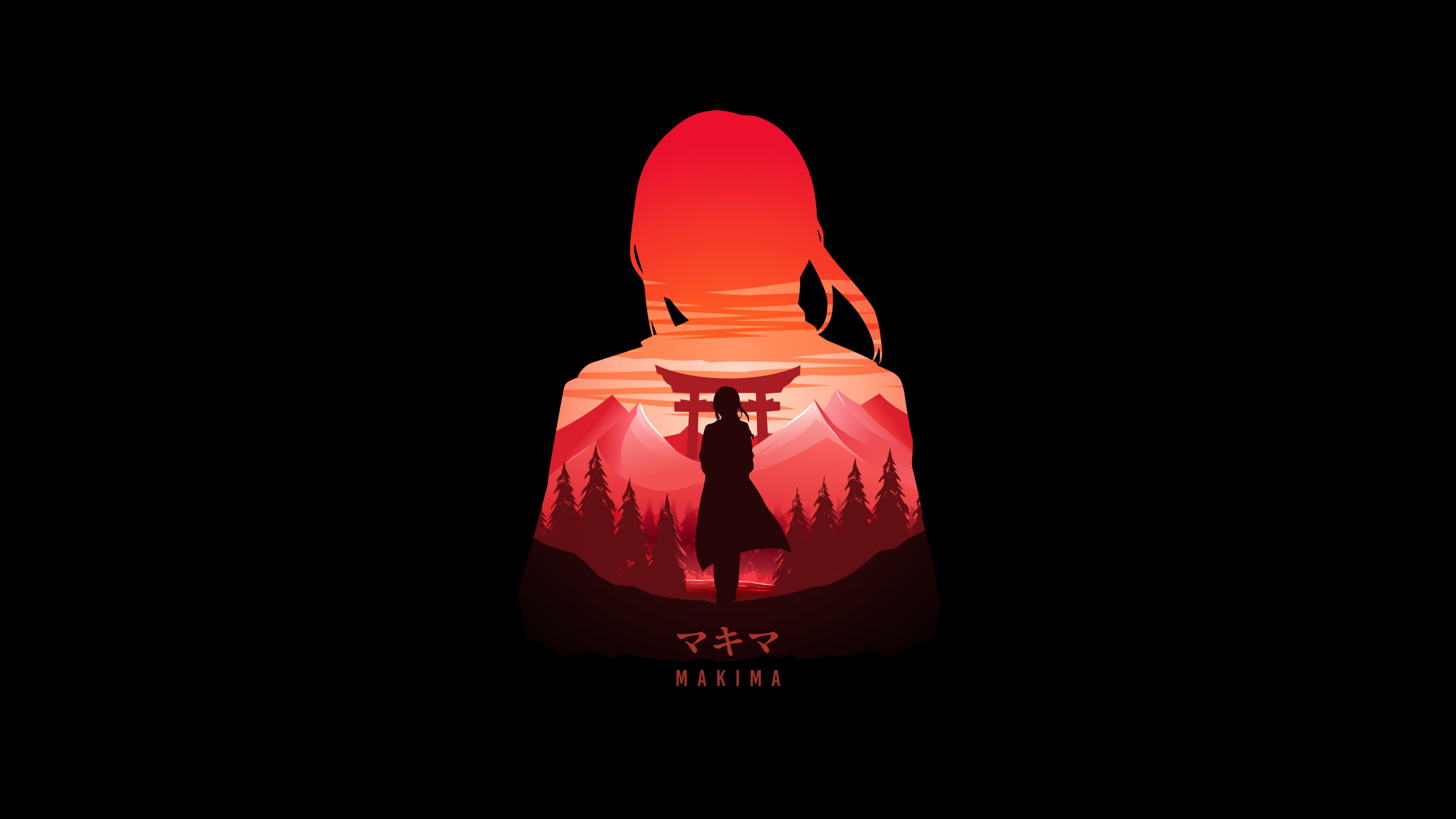 Minimalist portrait of Makima from Chainsaw Man on a deep black background.