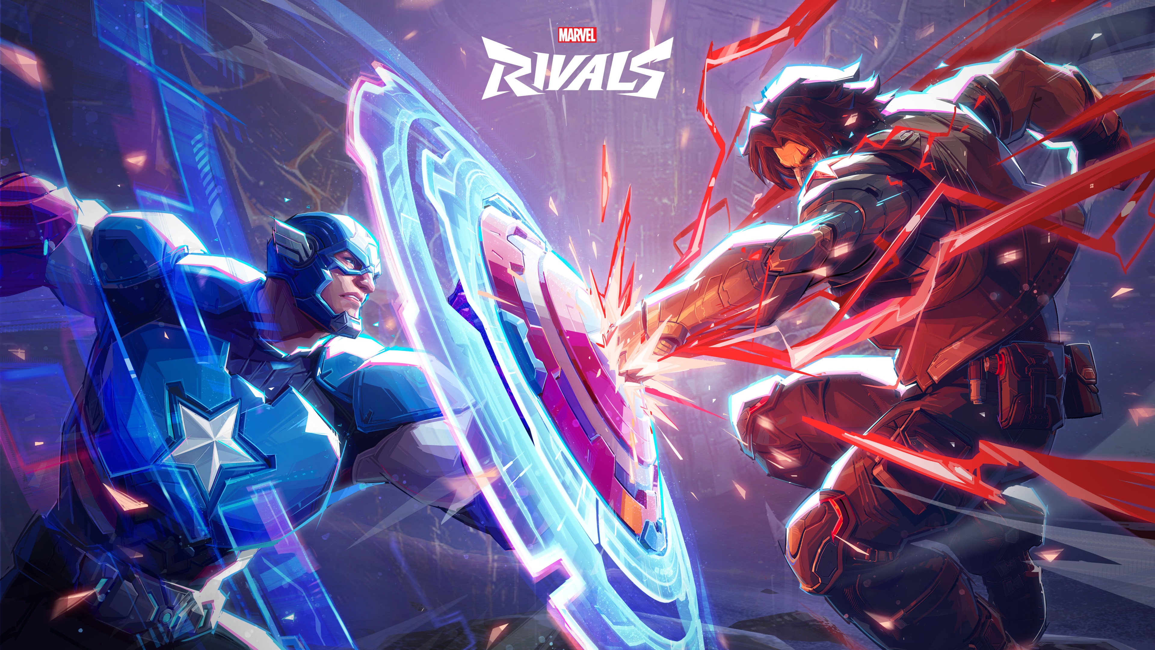 A hyper-realistic 8K cinematic shot featuring dynamic superhero combat from the game Marvel Rivals.