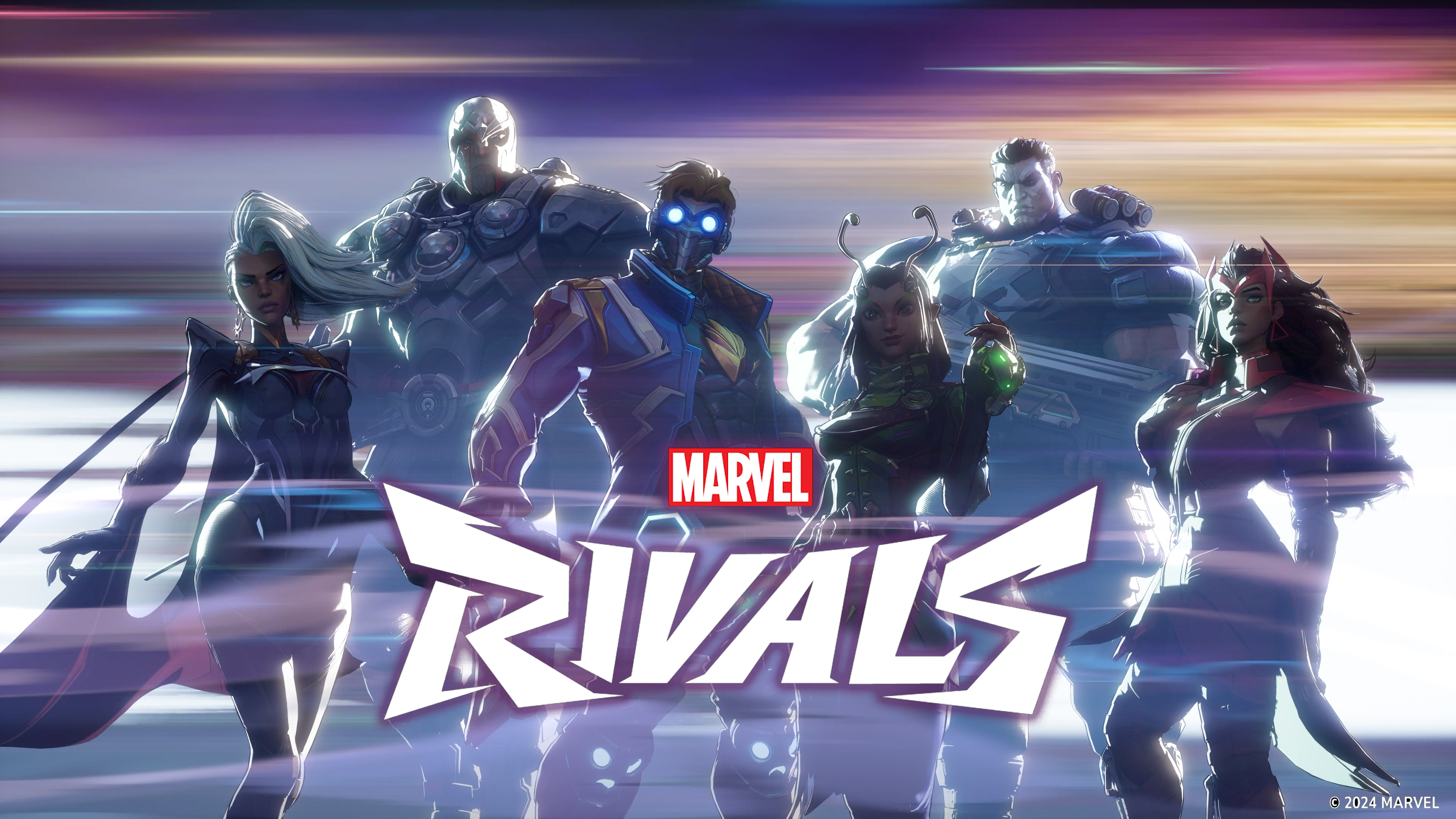Dynamic key art for Marvel Rivals featuring iconic characters from the Marvel Universe in a combat-ready pose.