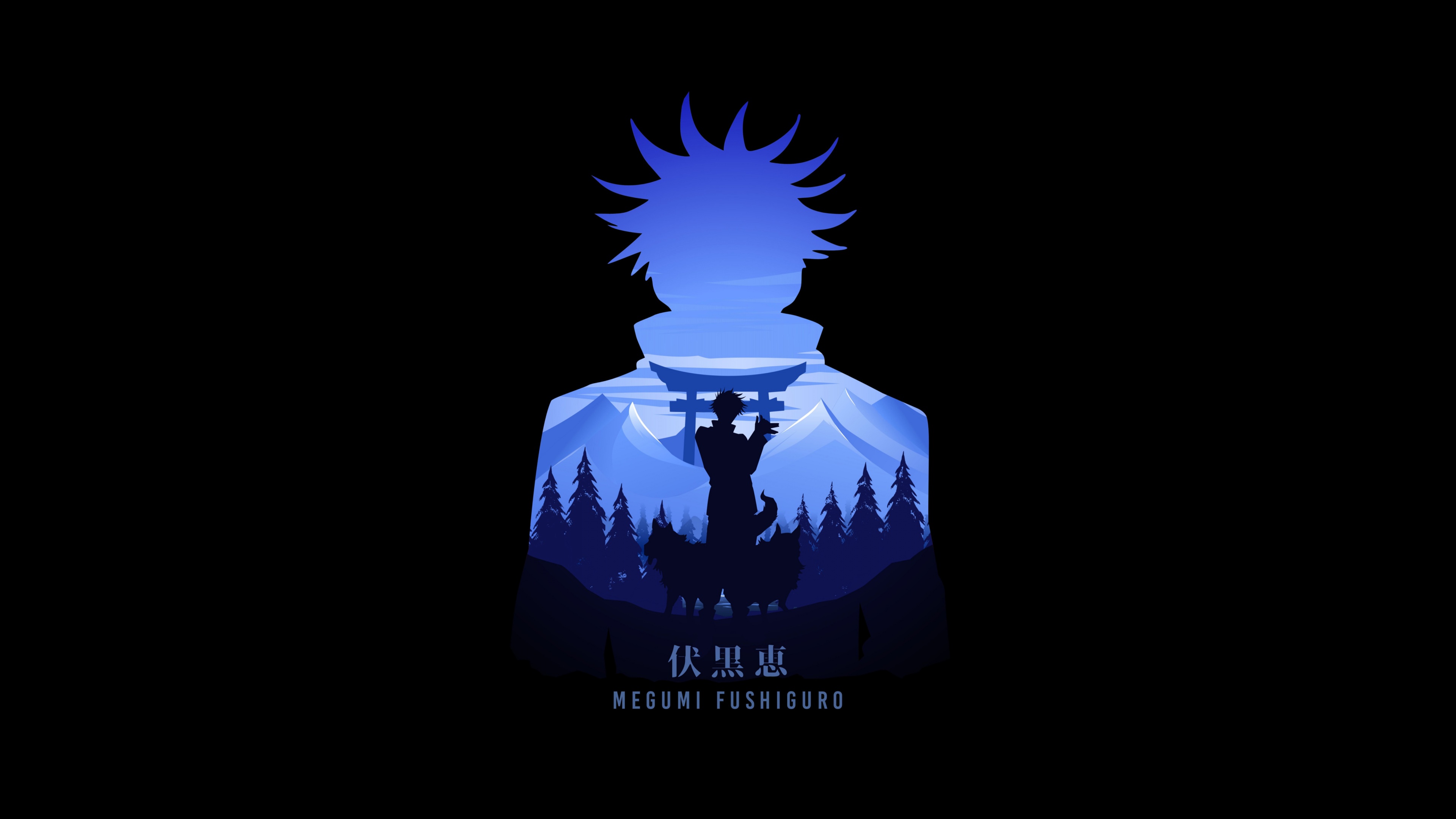 A cinematic portrait of Megumi Fushiguro from Jujutsu Kaisen against a solid black AMOLED background.
