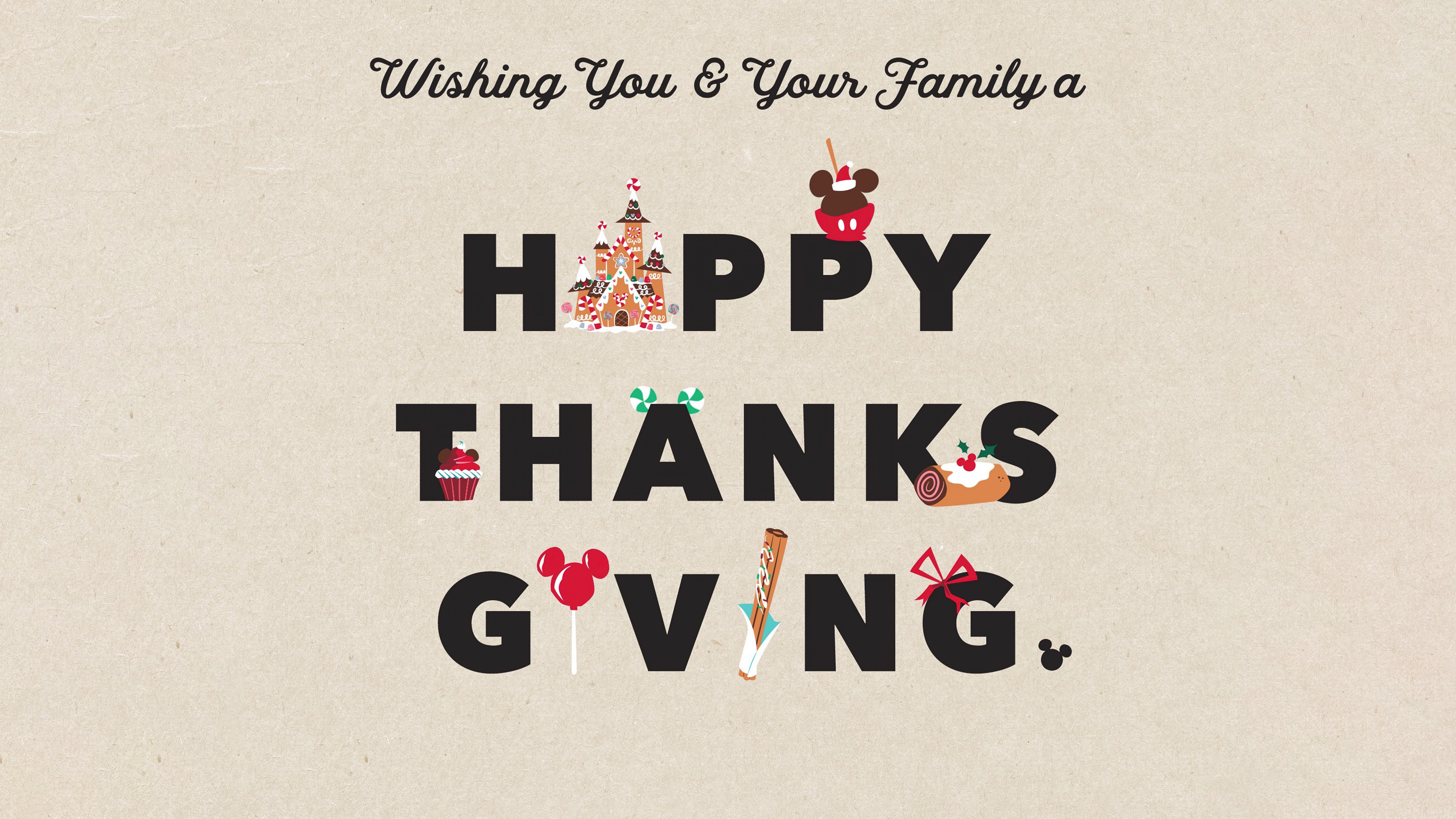 Mickey Mouse with Happy Thanksgiving typography in a Disney art style