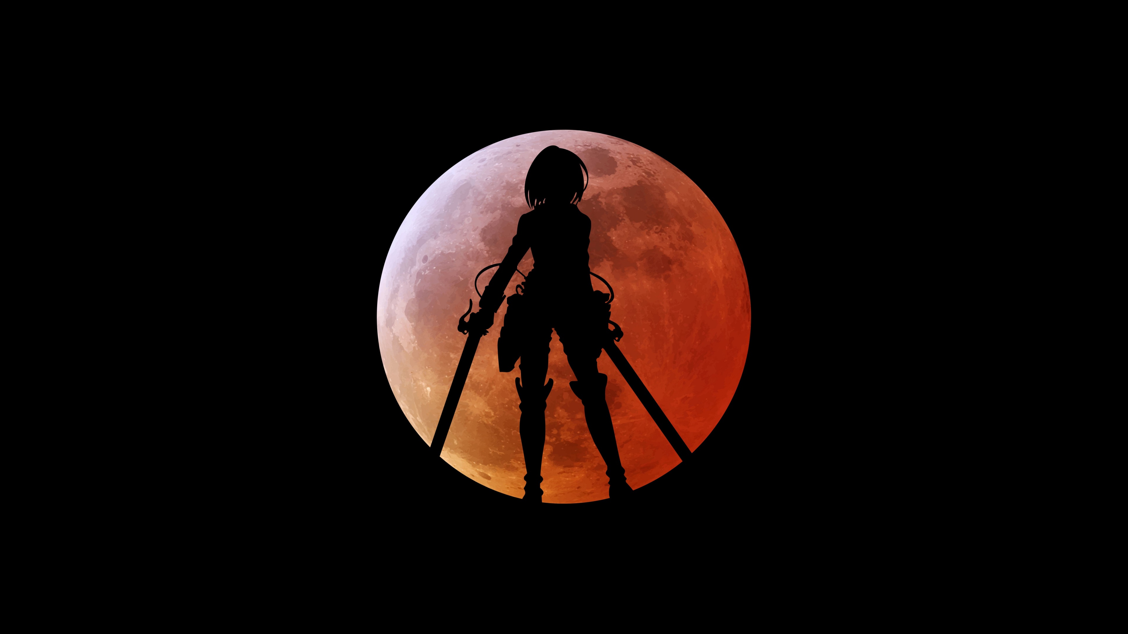 A dramatic portrait of Mikasa Ackerman from Attack on Titan against a black background.