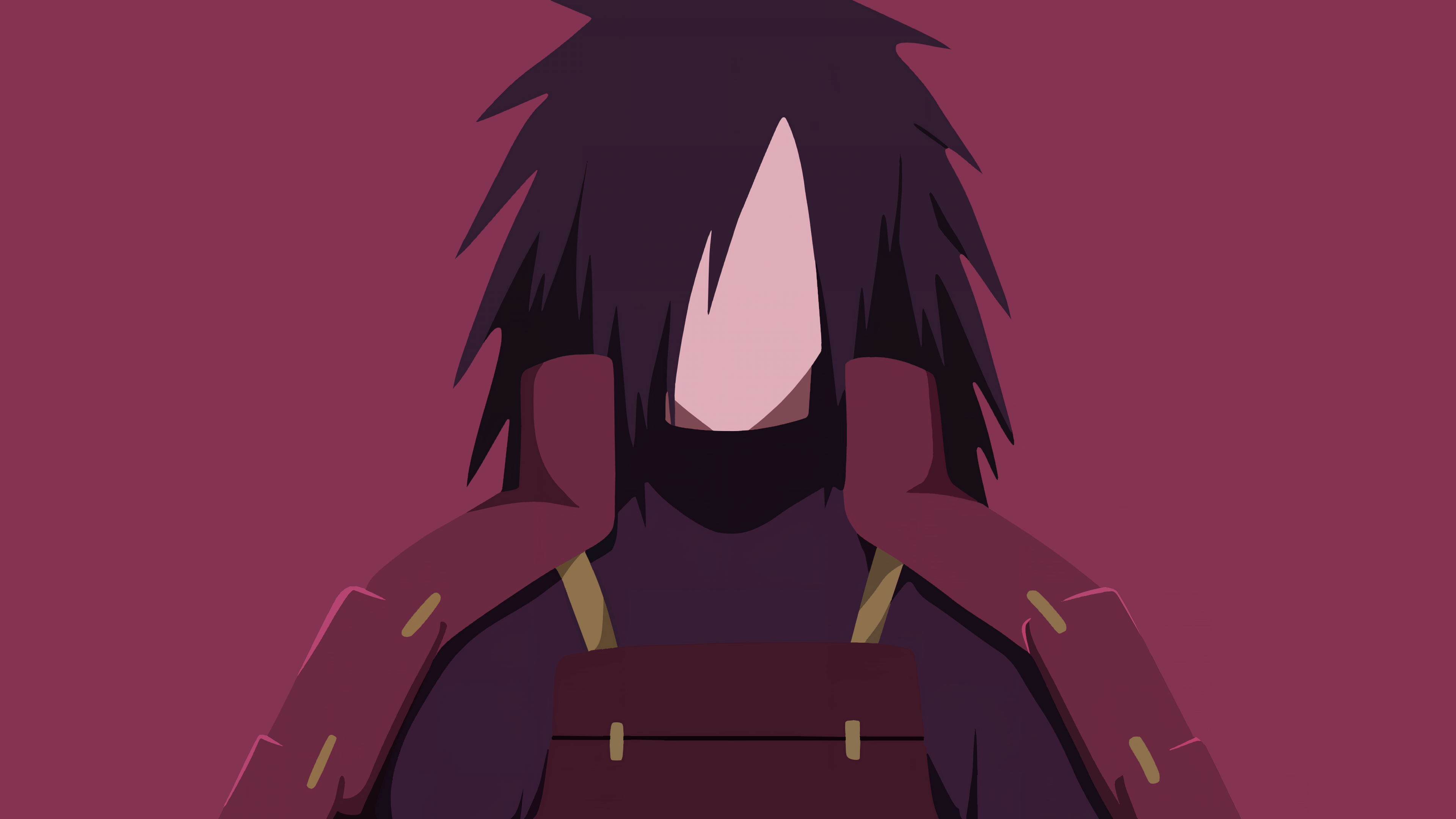 Minimalist faceless silhouette of Madara Uchiha from Naruto on a deep maroon background.