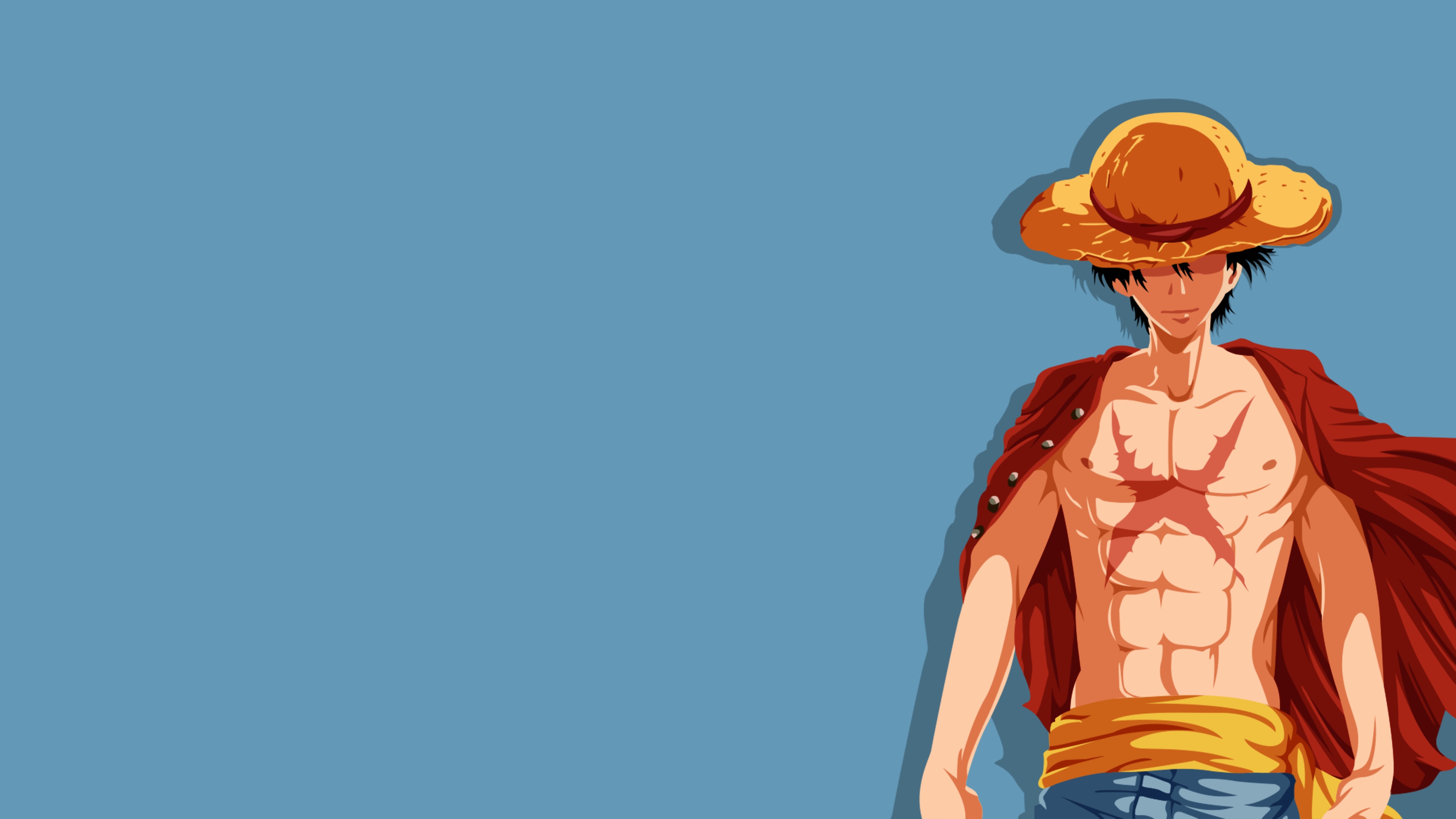 Minimalist faceless vector art of Monkey D. Luffy from One Piece with his signature straw hat on a solid blue background.